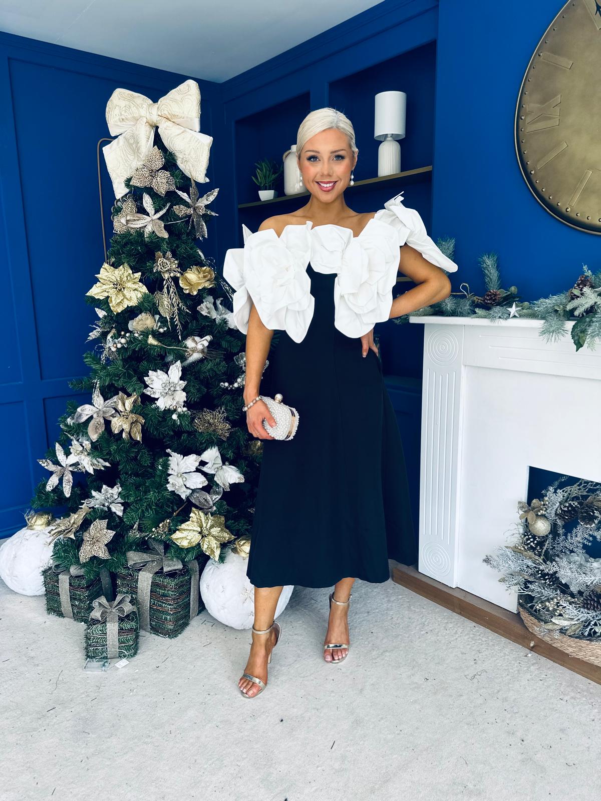 Jackie Floral Bardot Occasion Midi Dress Monochrome