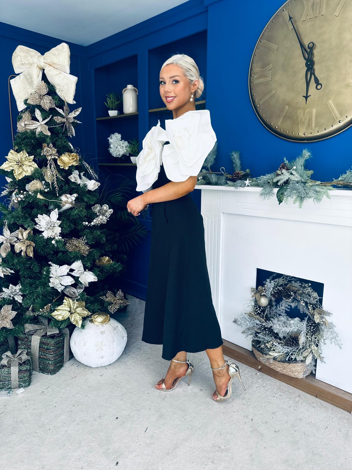 Jackie Floral Bardot Occasion Midi Dress Monochrome