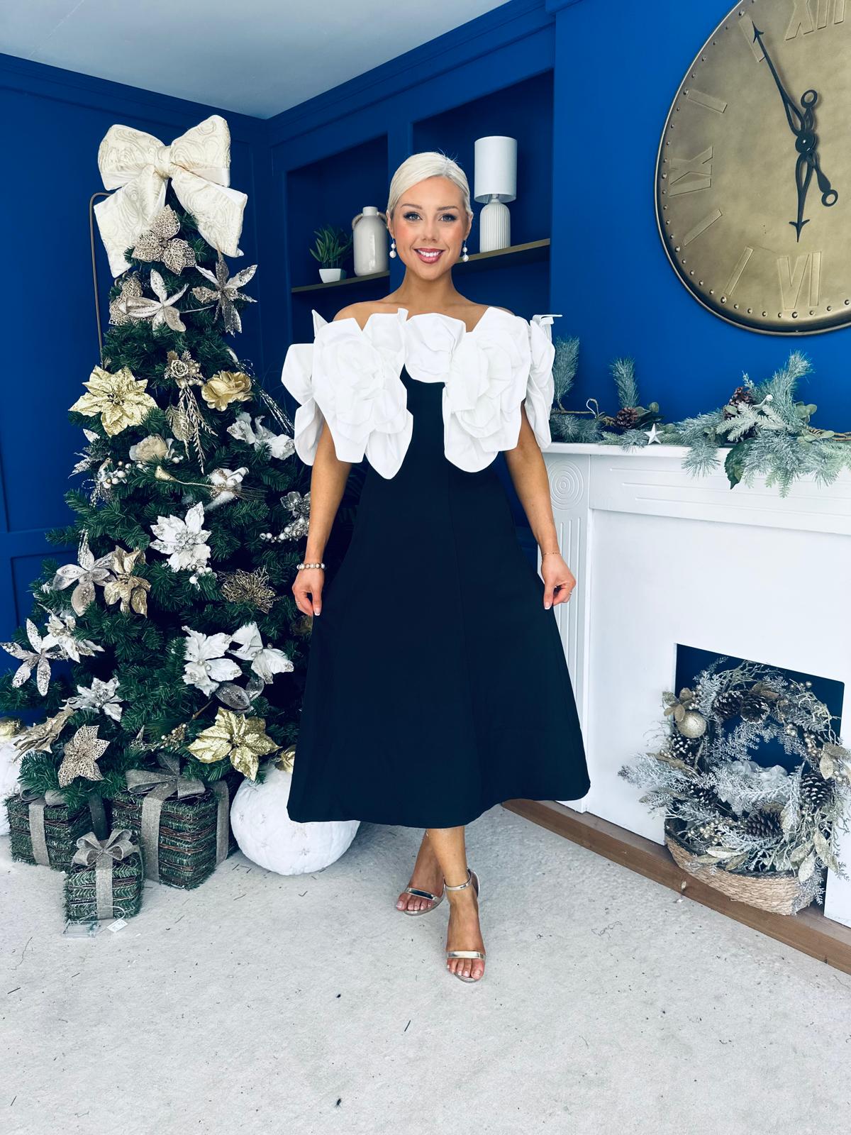 Jackie Floral Bardot Occasion Midi Dress Monochrome
