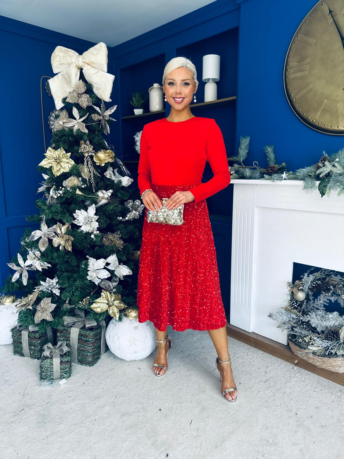 River Sequin Skirt Occasion Midi Dress Red