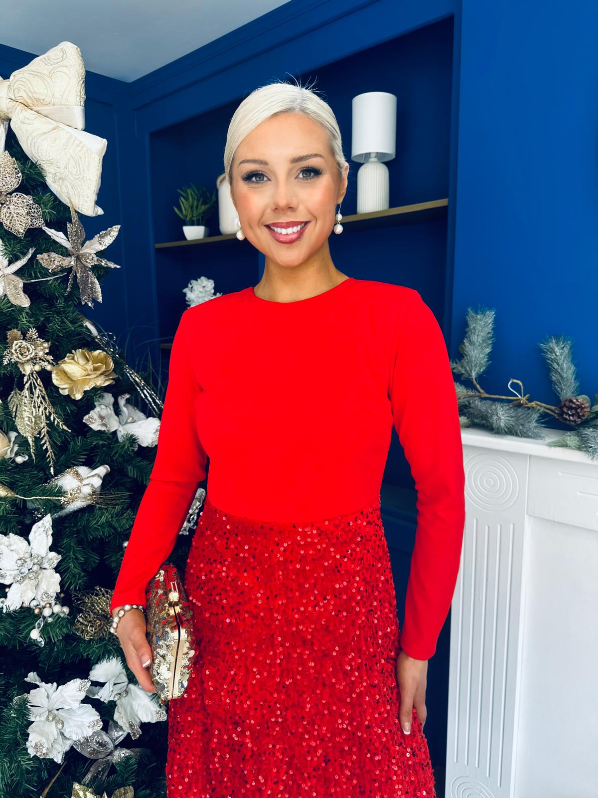 River Sequin Skirt Occasion Midi Dress Red