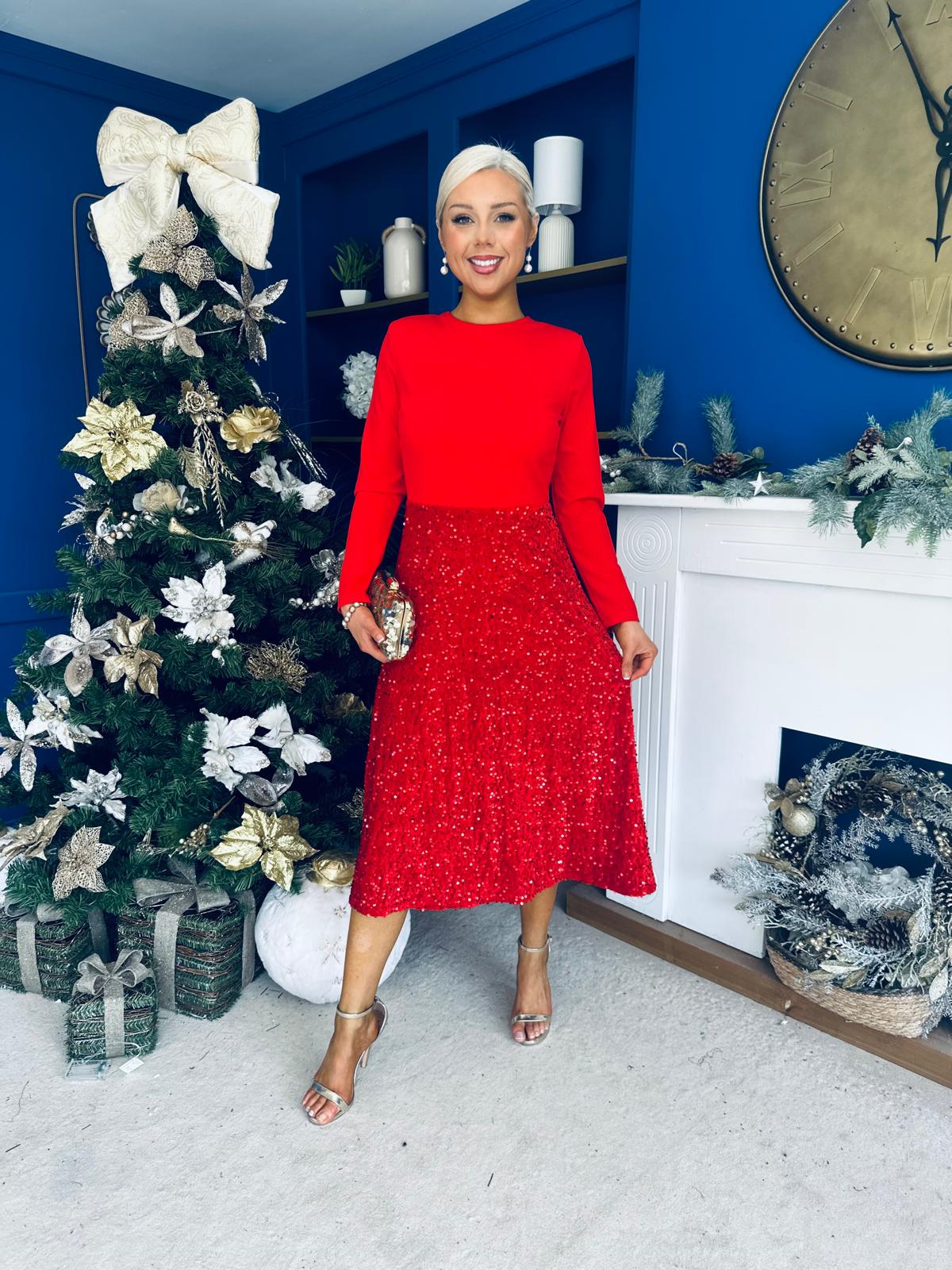 River Sequin Skirt Occasion Midi Dress Red