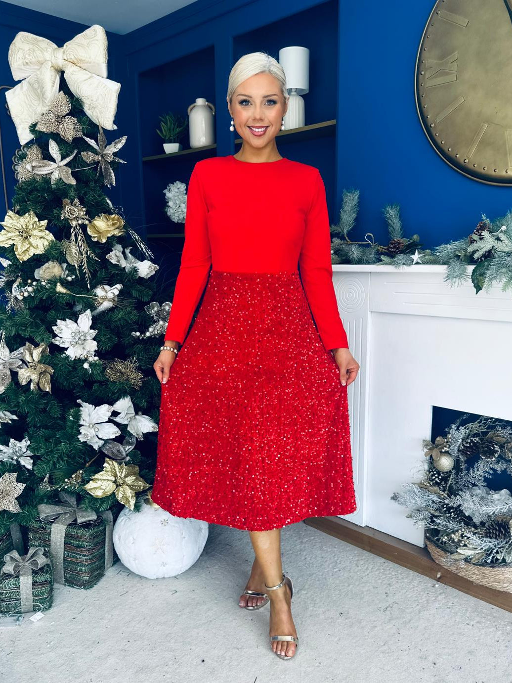 River Sequin Skirt Occasion Midi Dress Red