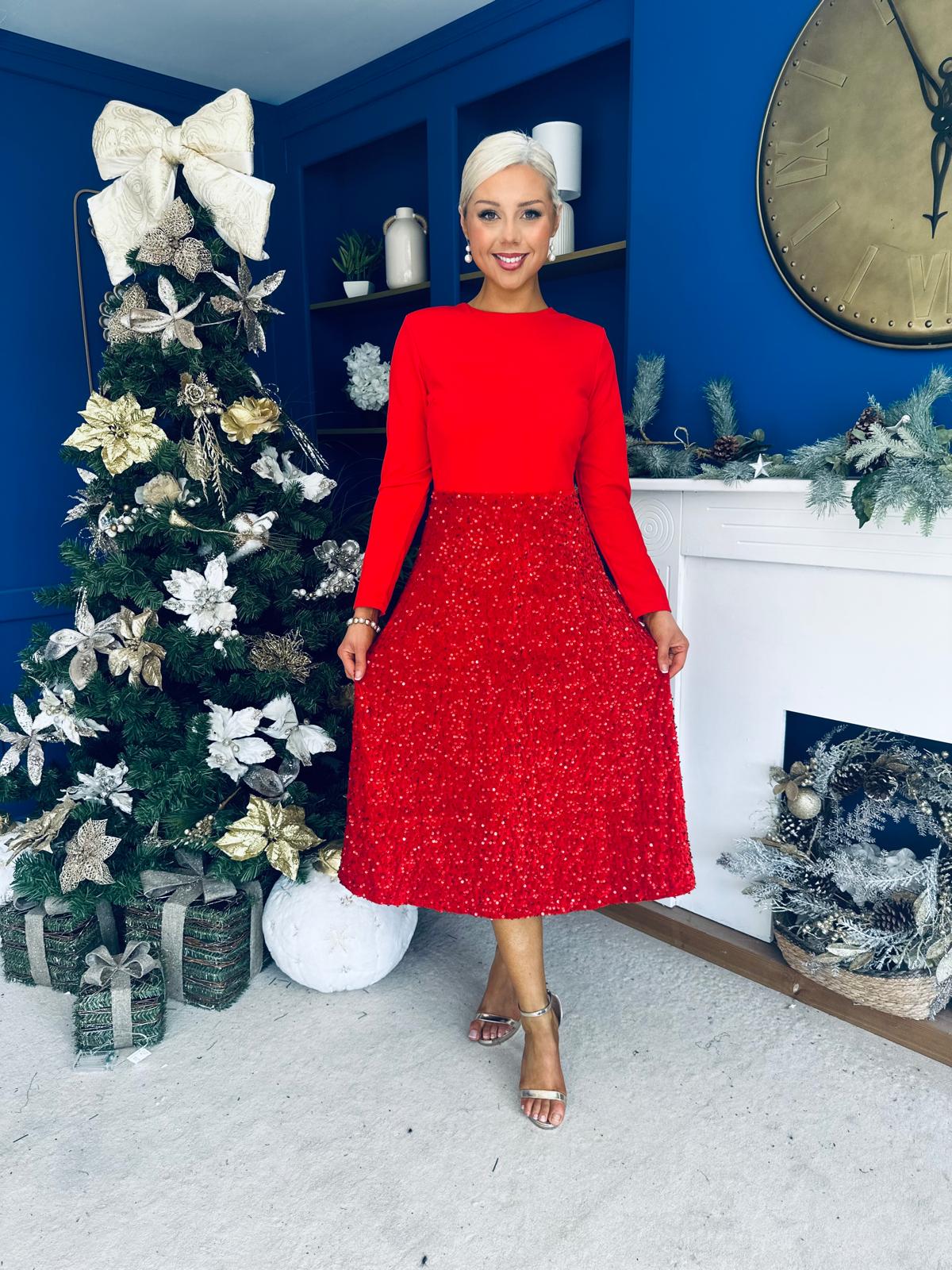 River Sequin Skirt Occasion Midi Dress Red