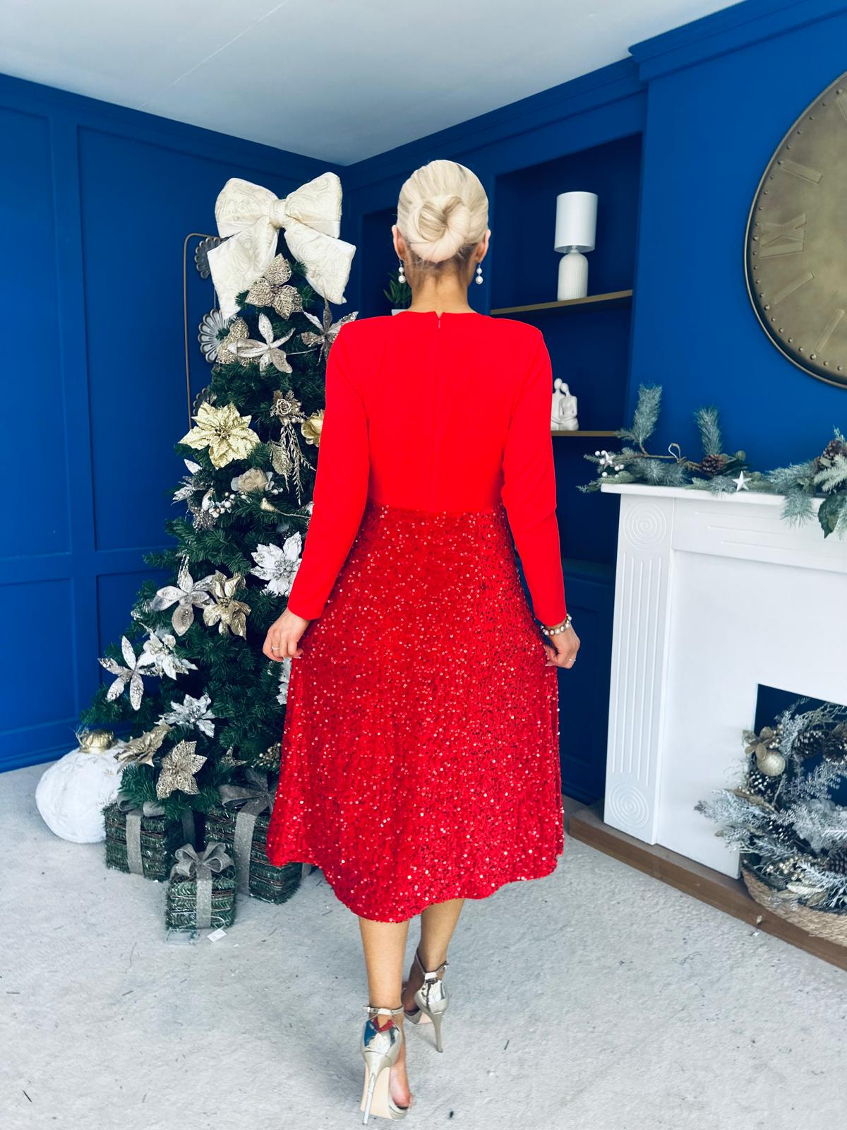 River Sequin Skirt Occasion Midi Dress Red