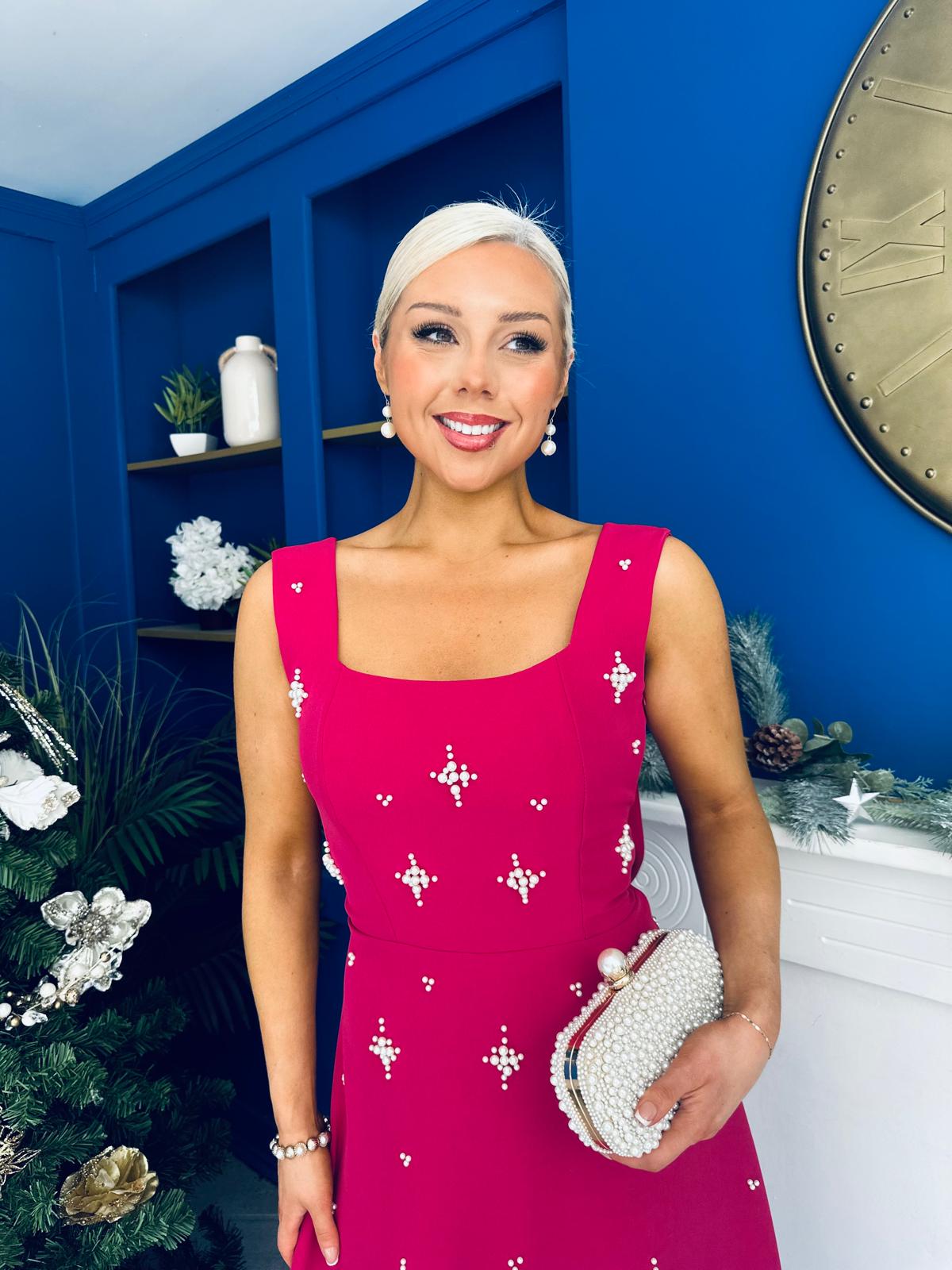 Sabrina Pearl Embellished Occasion Dress Raspberry