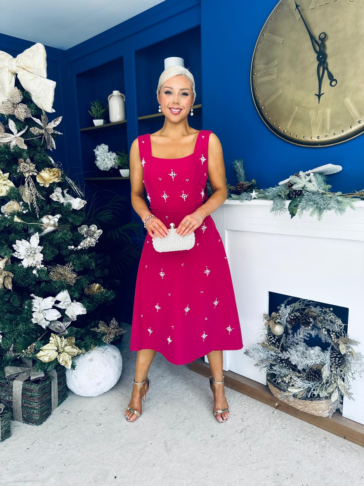 Sabrina Pearl Embellished Occasion Dress Raspberry