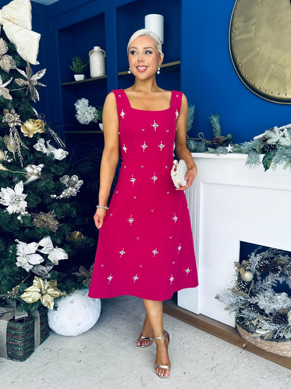 Sabrina Pearl Embellished Occasion Dress Raspberry