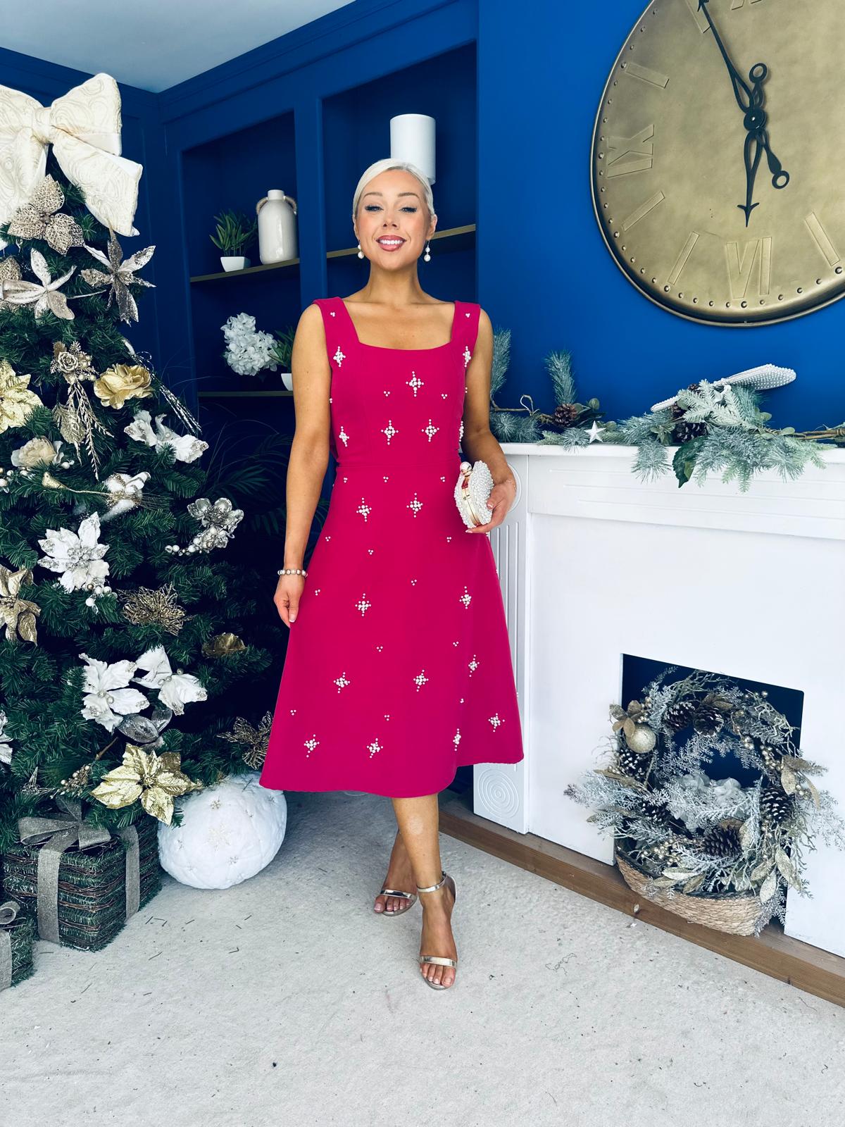Sabrina Pearl Embellished Occasion Dress Raspberry