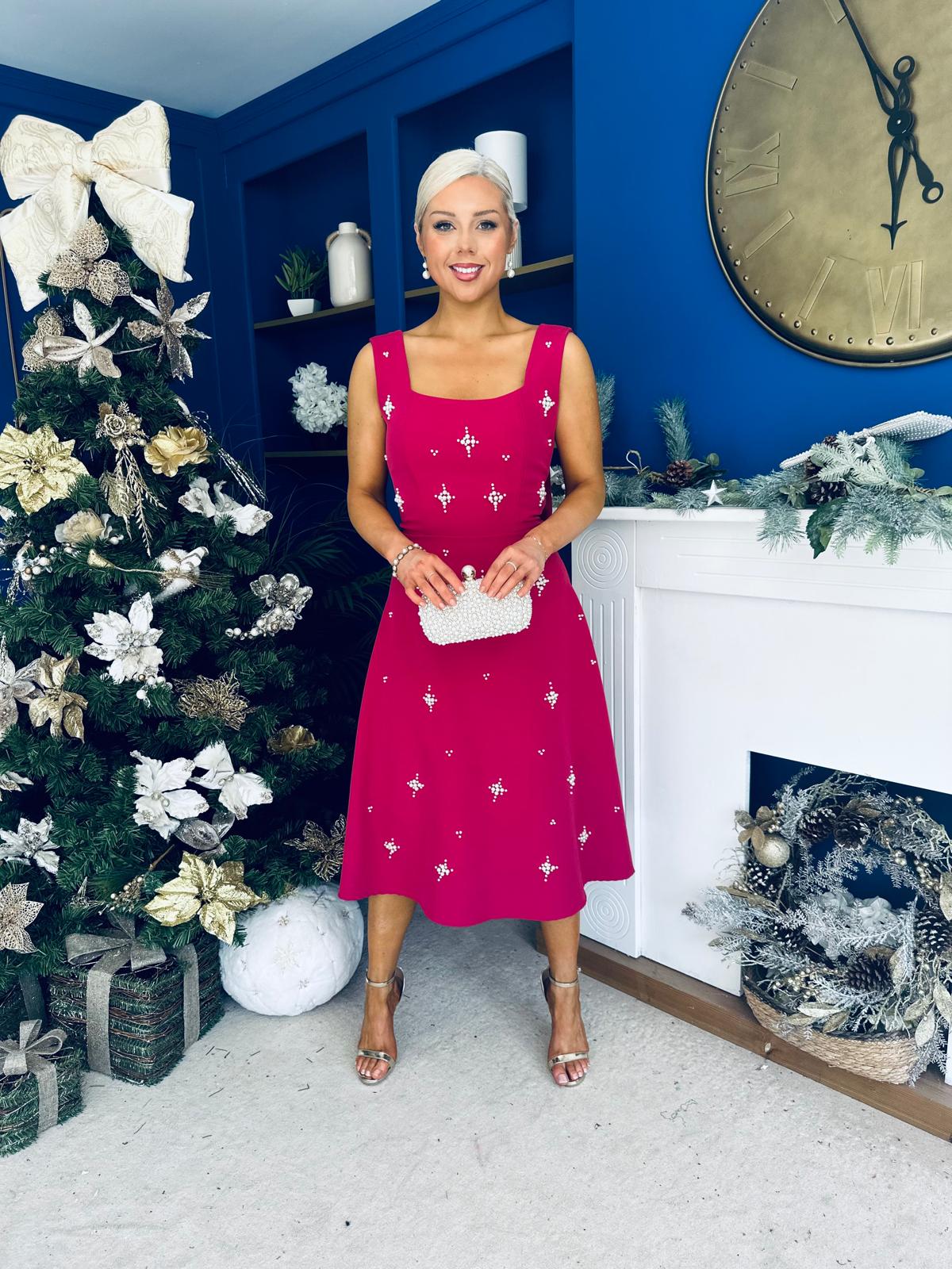 Sabrina Pearl Embellished Occasion Dress Raspberry