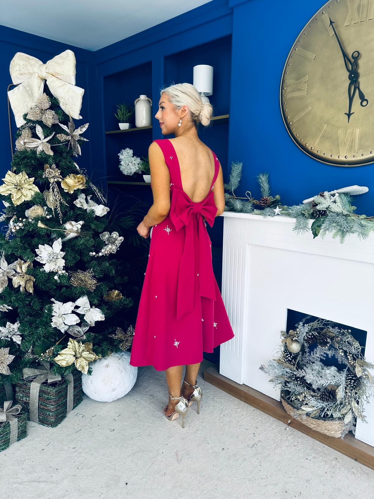 Sabrina Pearl Embellished Occasion Dress Raspberry