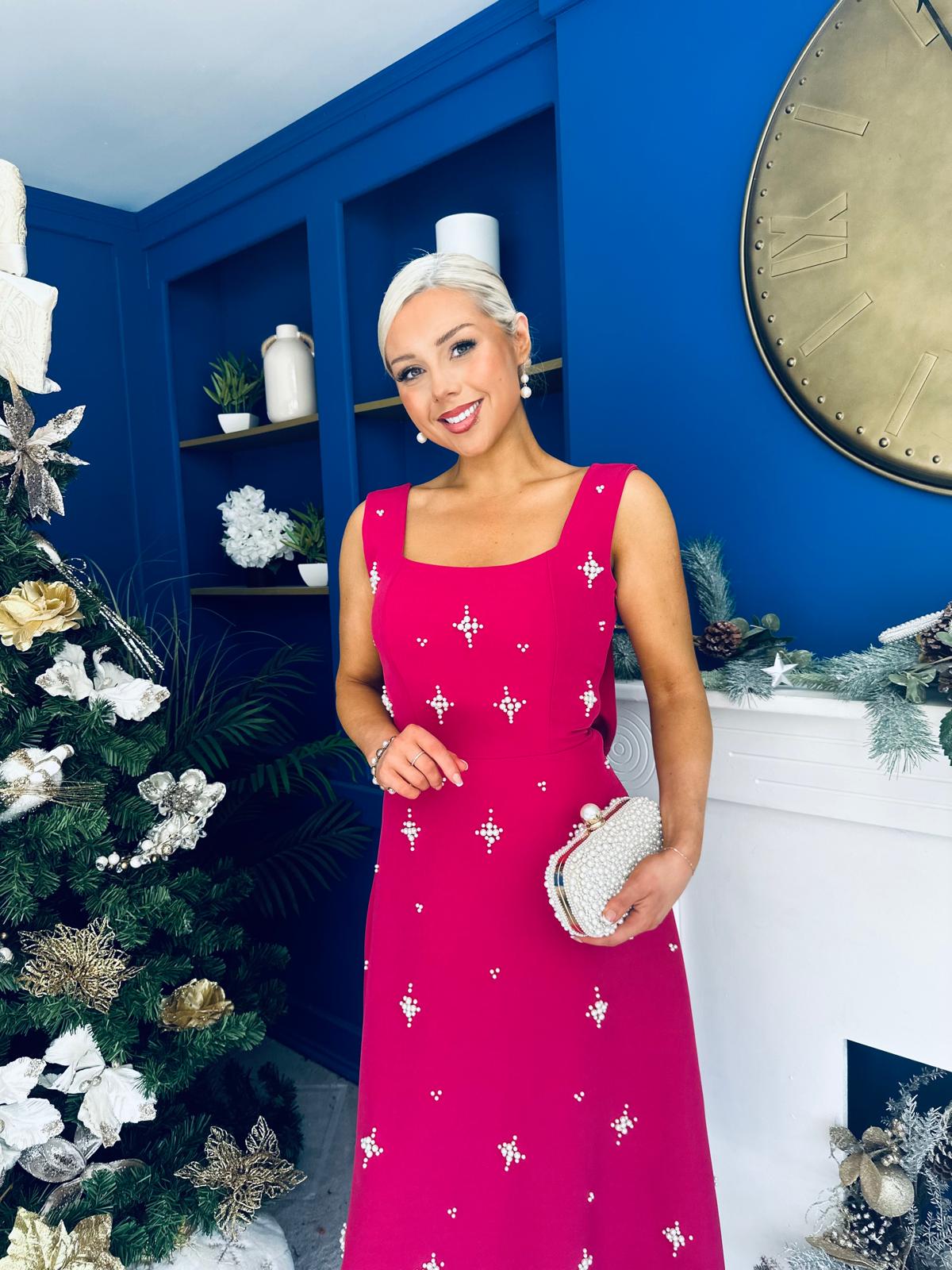 Sabrina Pearl Embellished Occasion Dress Raspberry