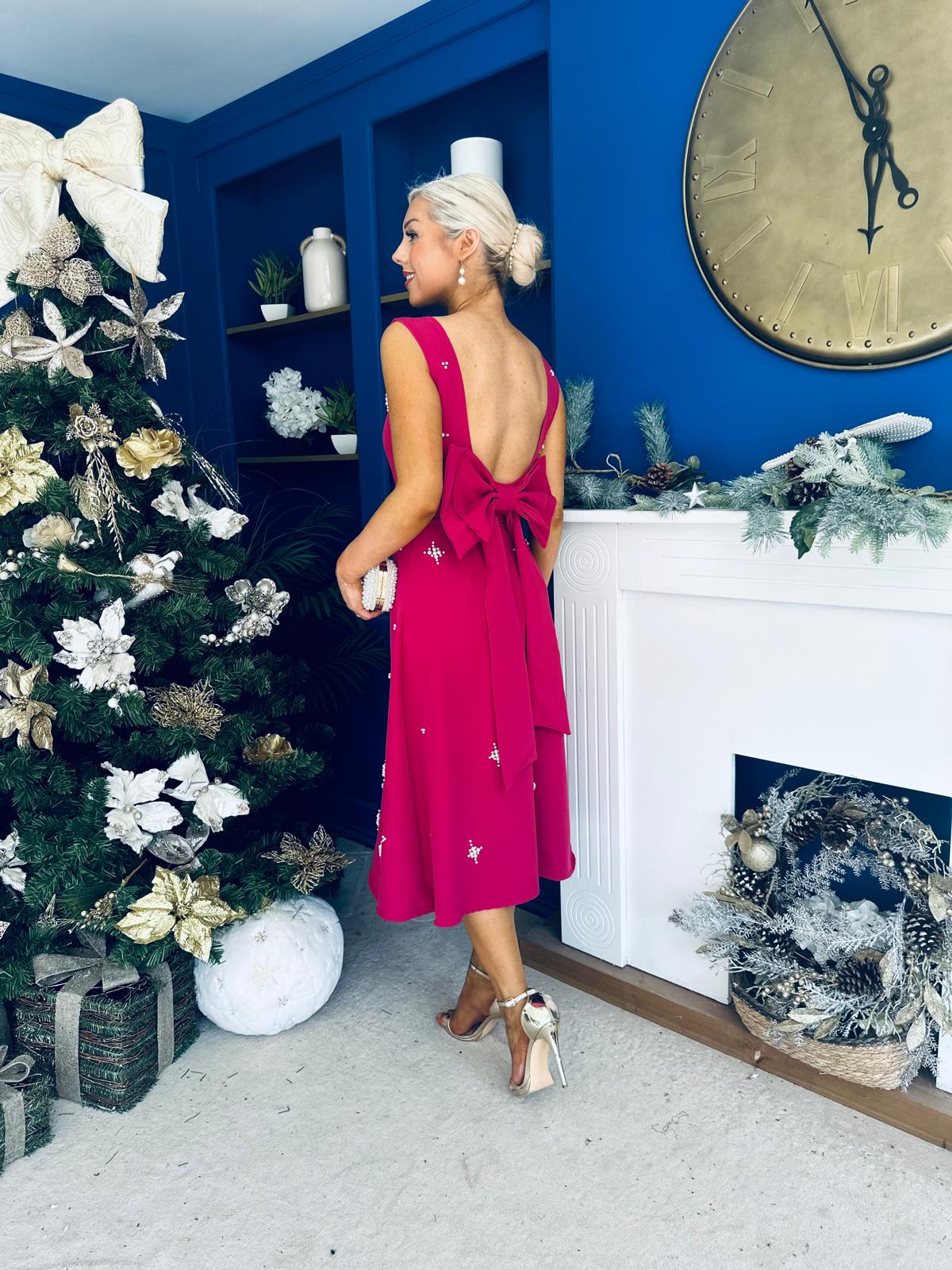 Sabrina Pearl Embellished Occasion Dress Raspberry