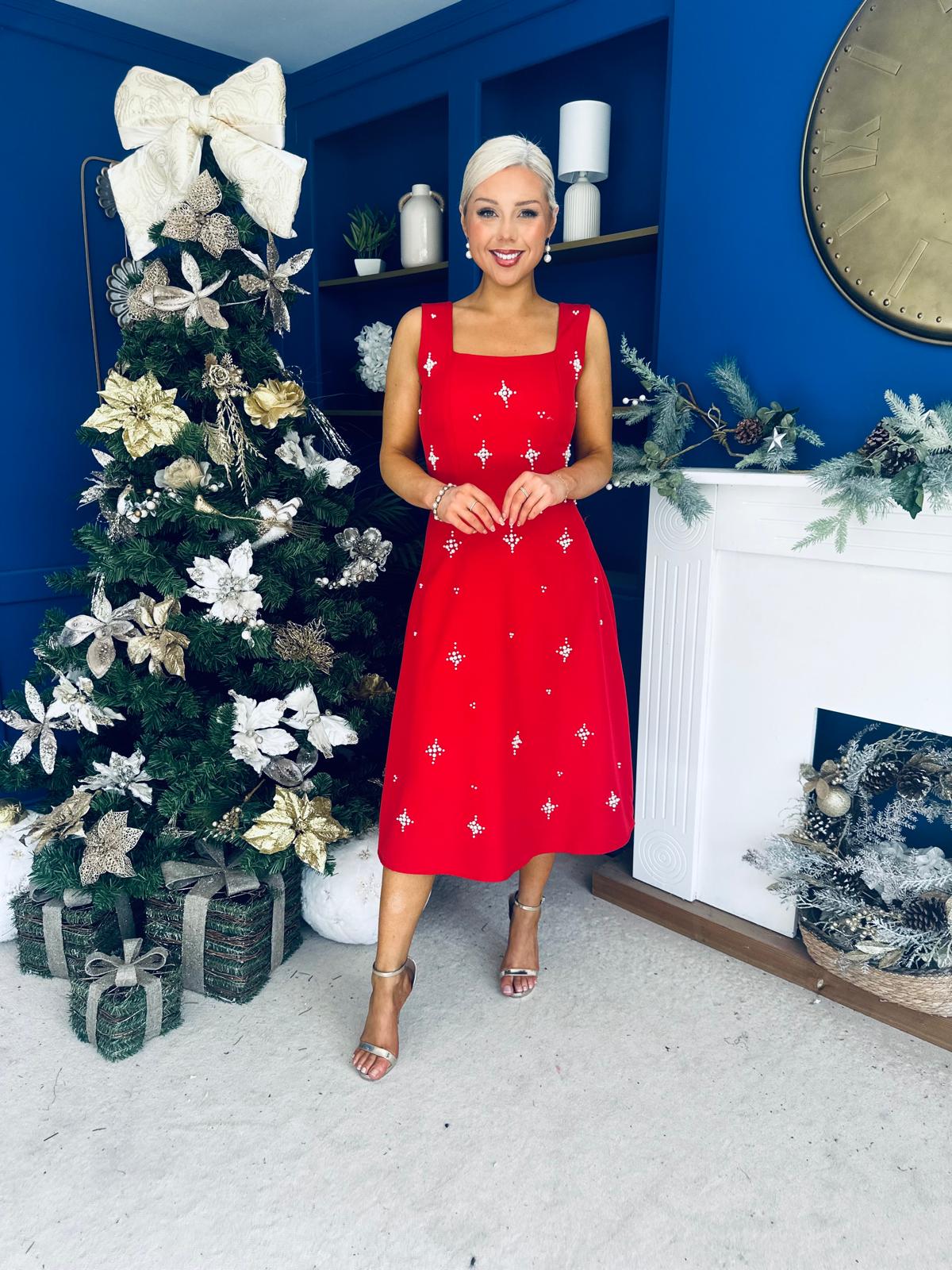 Sabrina Pearl Embellished Occasion Dress Red