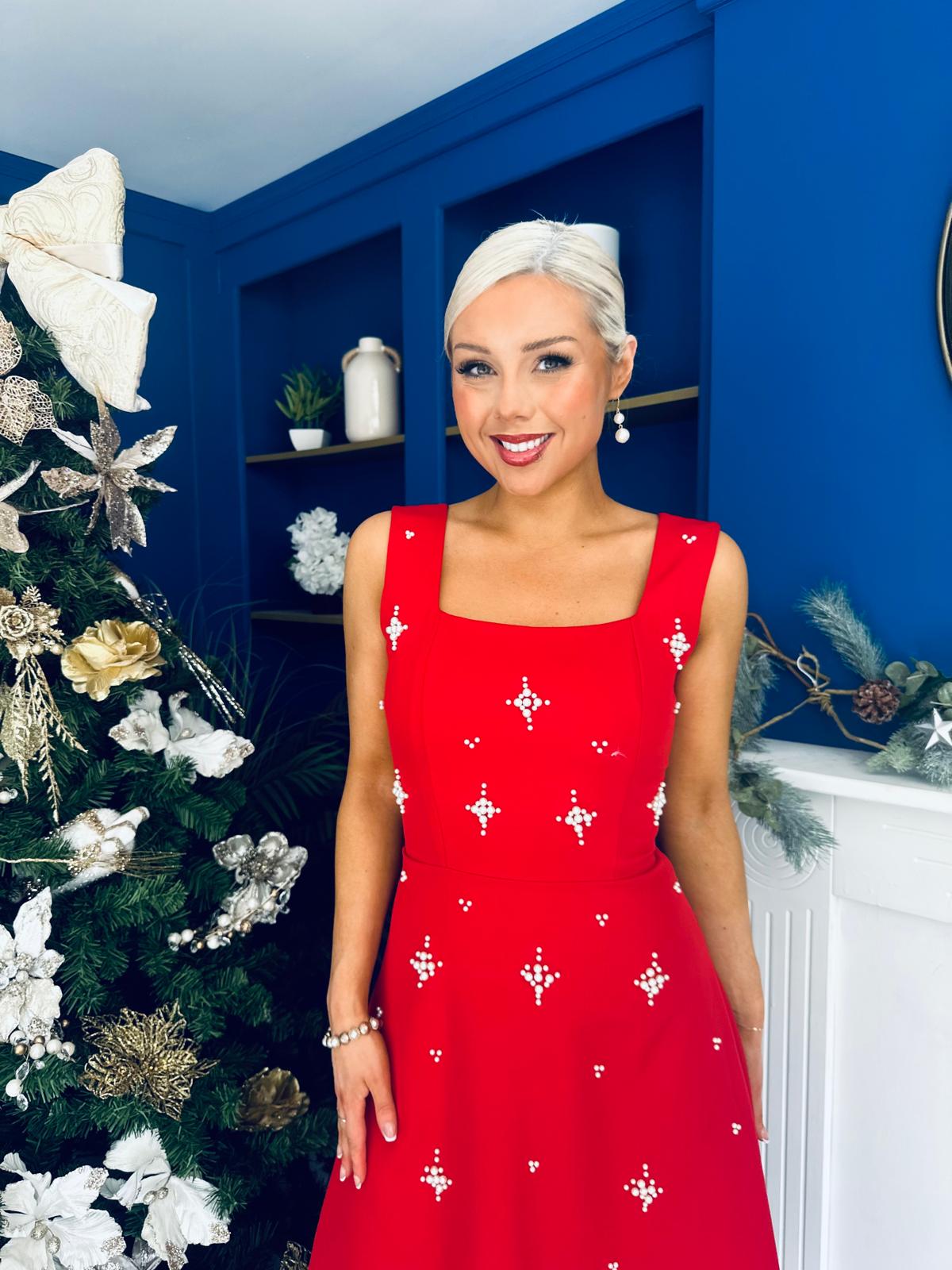 Sabrina Pearl Embellished Occasion Dress Red