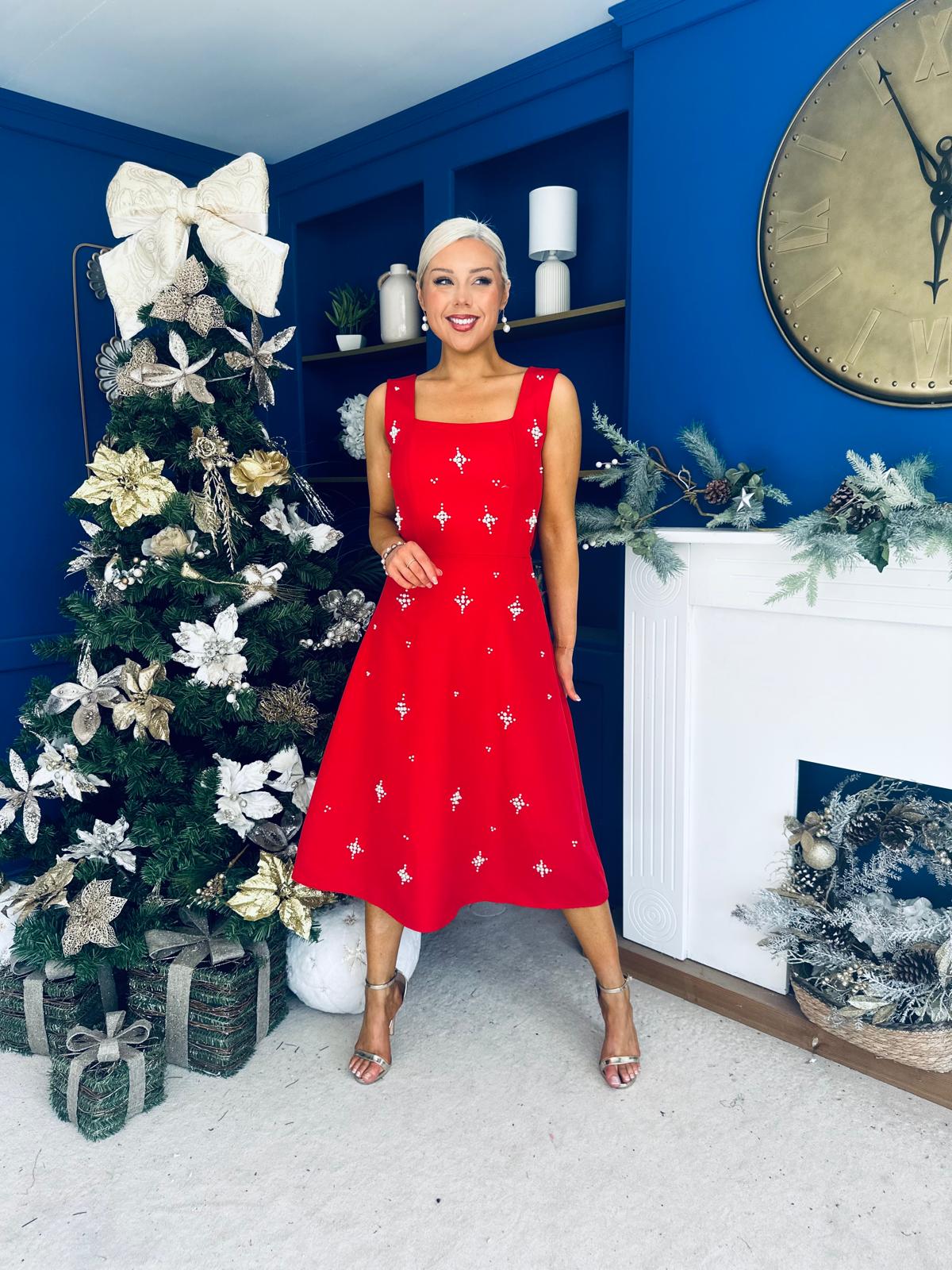 Sabrina Pearl Embellished Occasion Dress Red