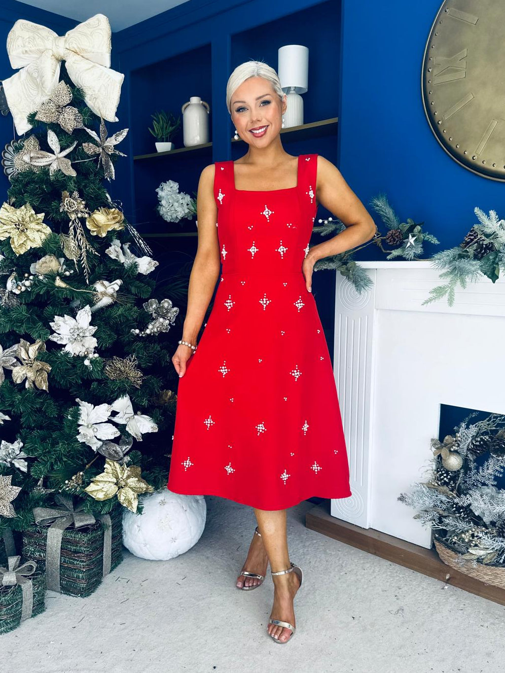 Sabrina Pearl Embellished Occasion Dress Red