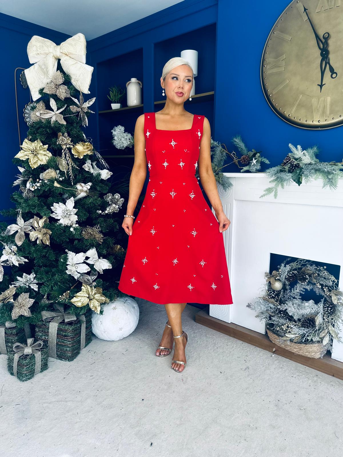 Sabrina Pearl Embellished Occasion Dress Red