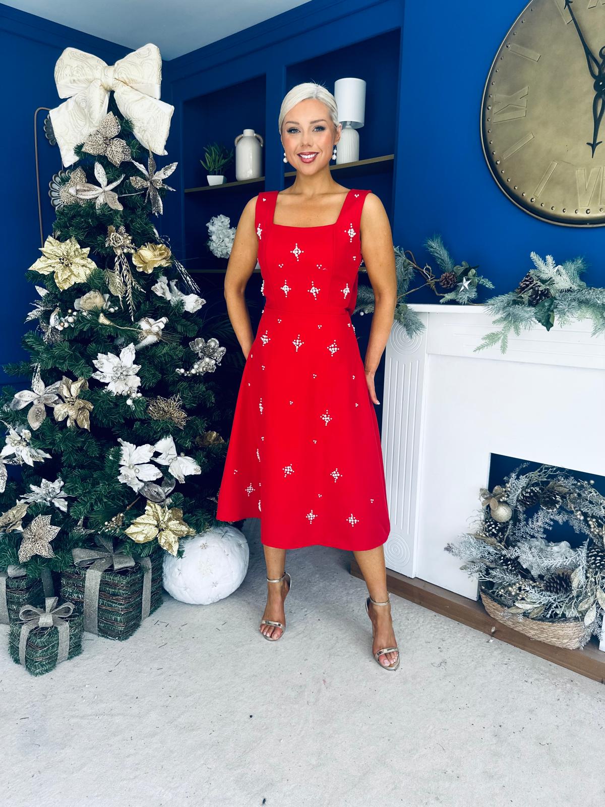 Sabrina Pearl Embellished Occasion Dress Red