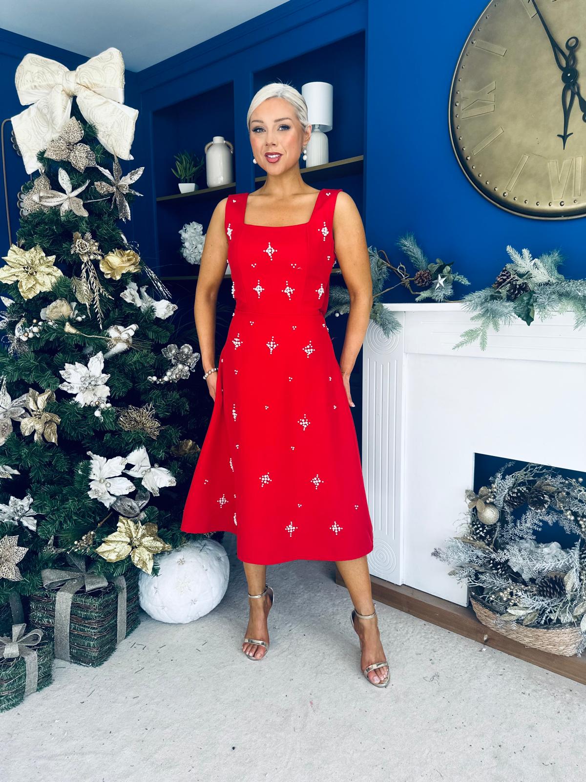 Sabrina Pearl Embellished Occasion Dress Red