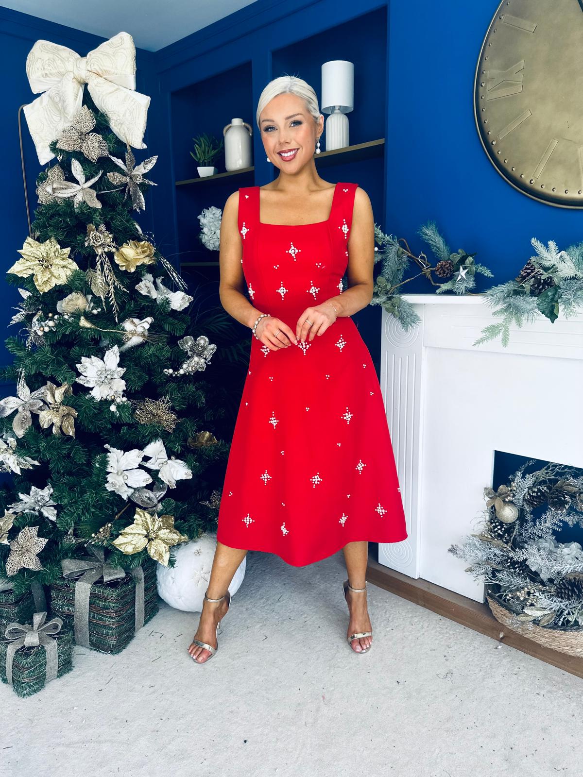 Sabrina Pearl Embellished Occasion Dress Red