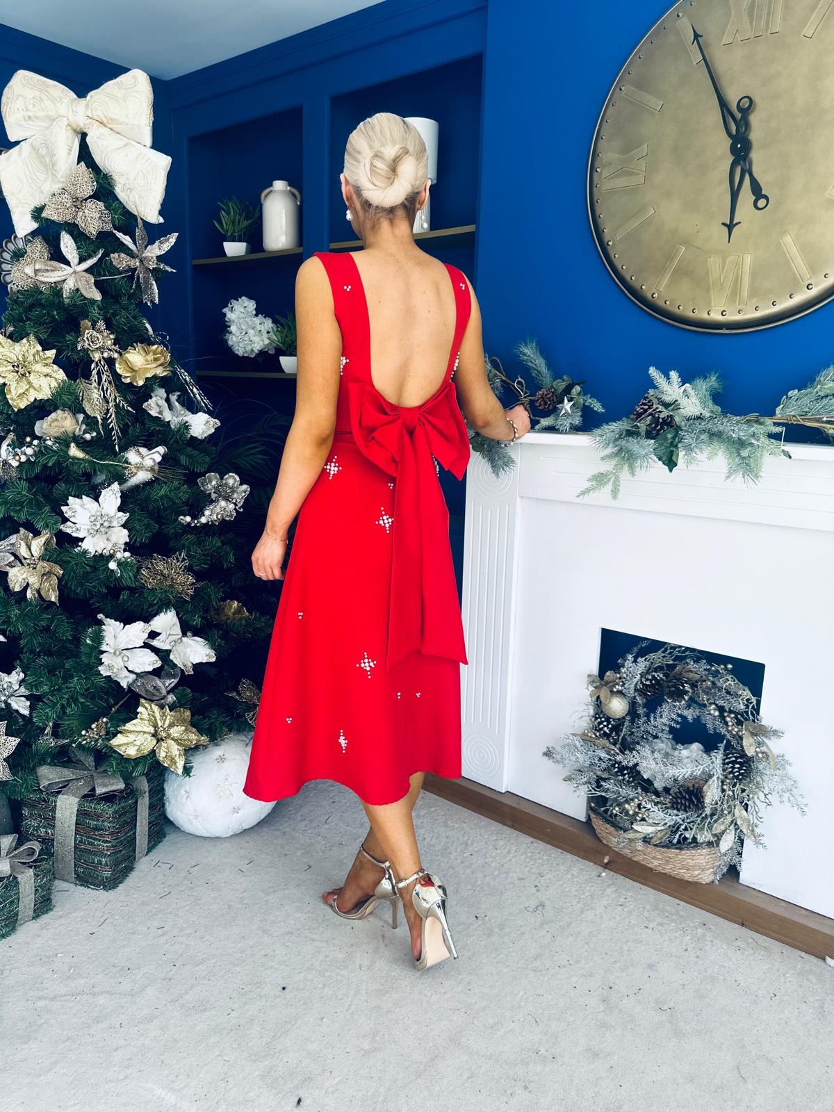 Sabrina Pearl Embellished Occasion Dress Red