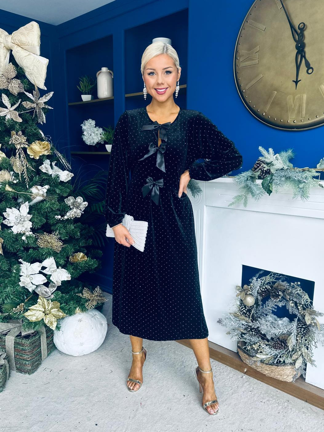 Muireann Bow Detail Studded Velvet Midi Dress Black