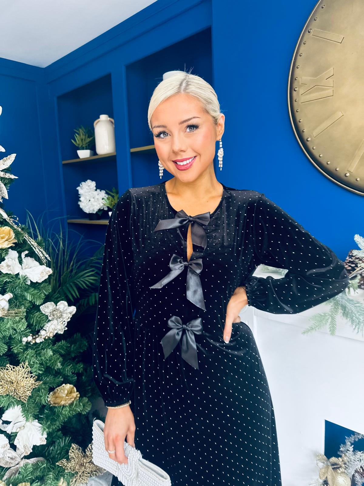 Muireann Bow Detail Studded Velvet Midi Dress Black