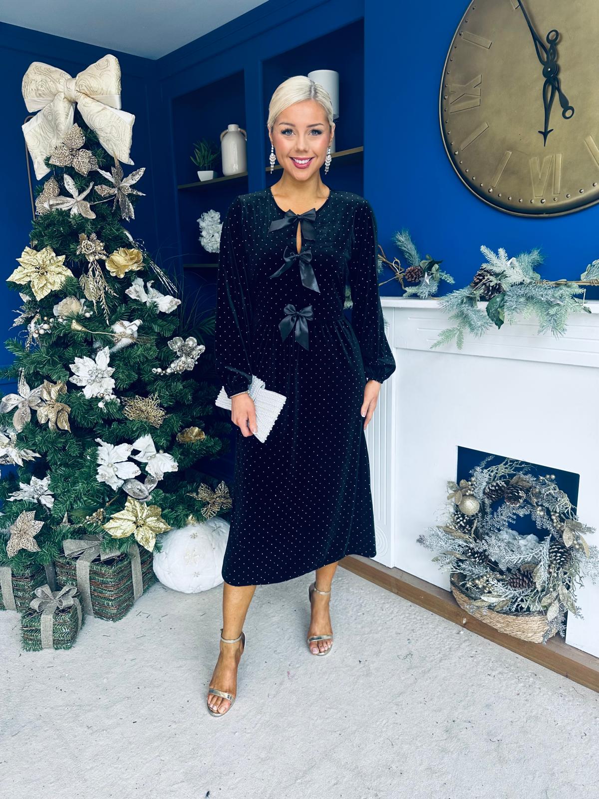 Muireann Bow Detail Studded Velvet Midi Dress Black