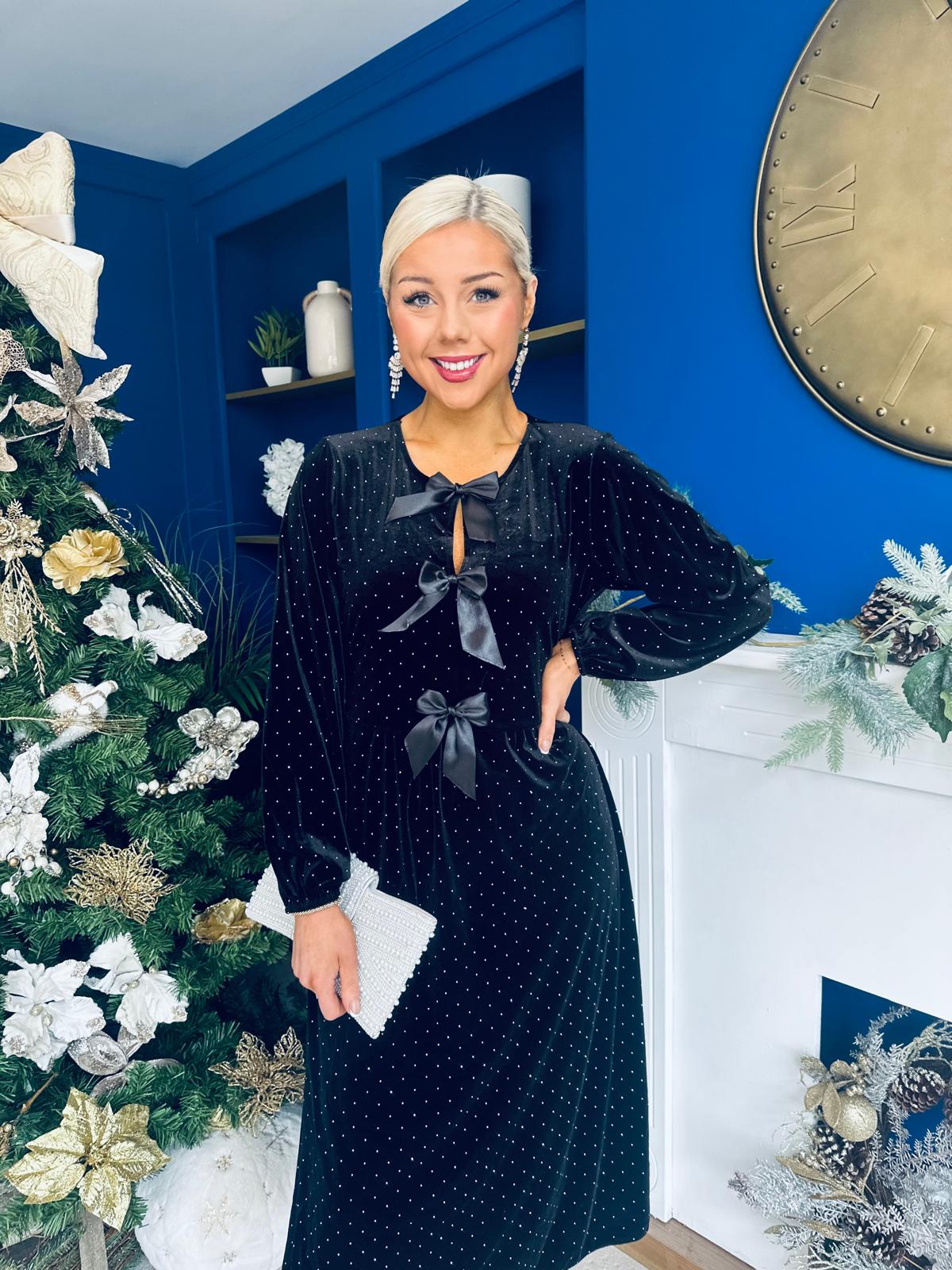 Muireann Bow Detail Studded Velvet Midi Dress Black