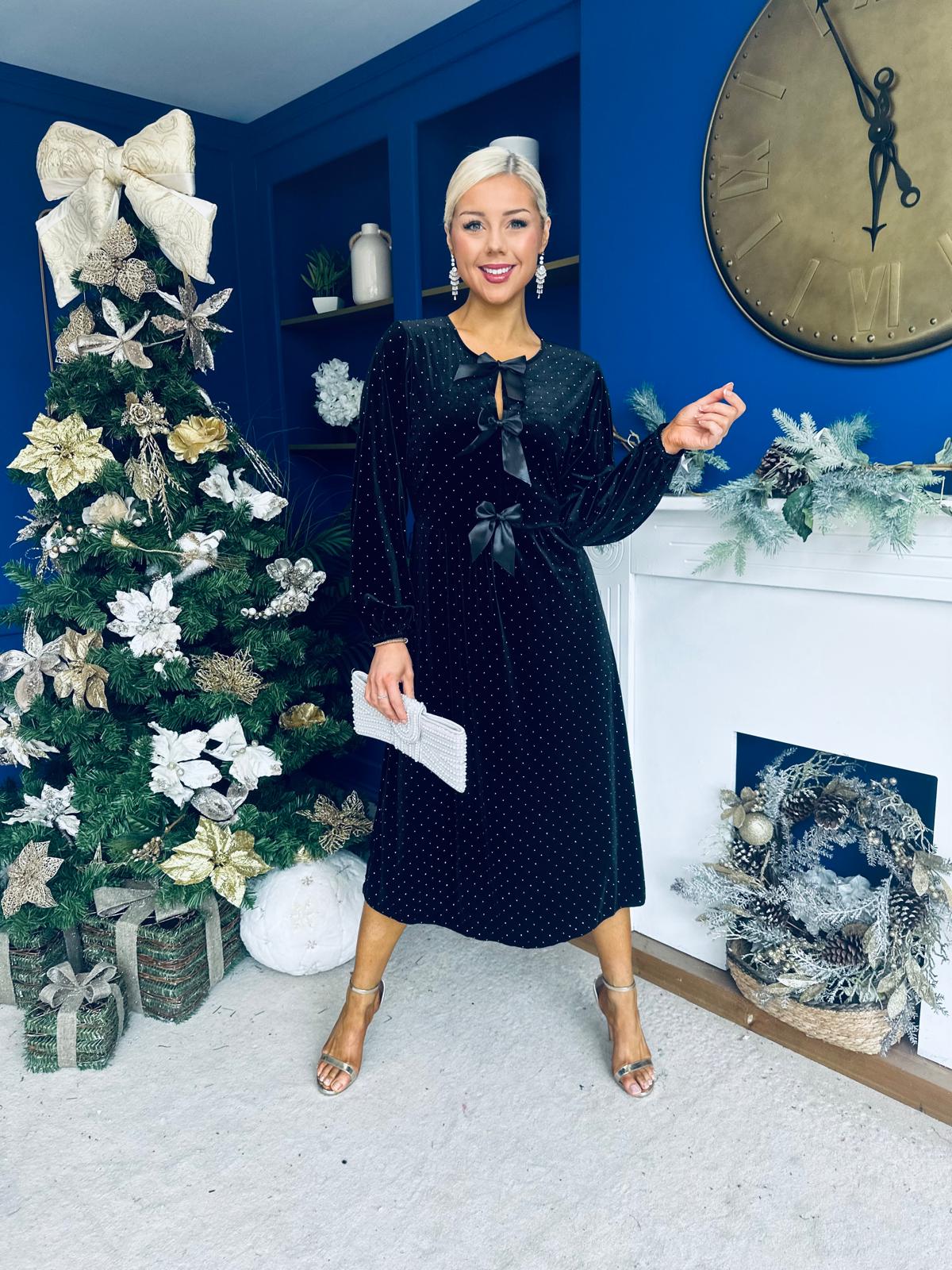 Muireann Bow Detail Studded Velvet Midi Dress Black