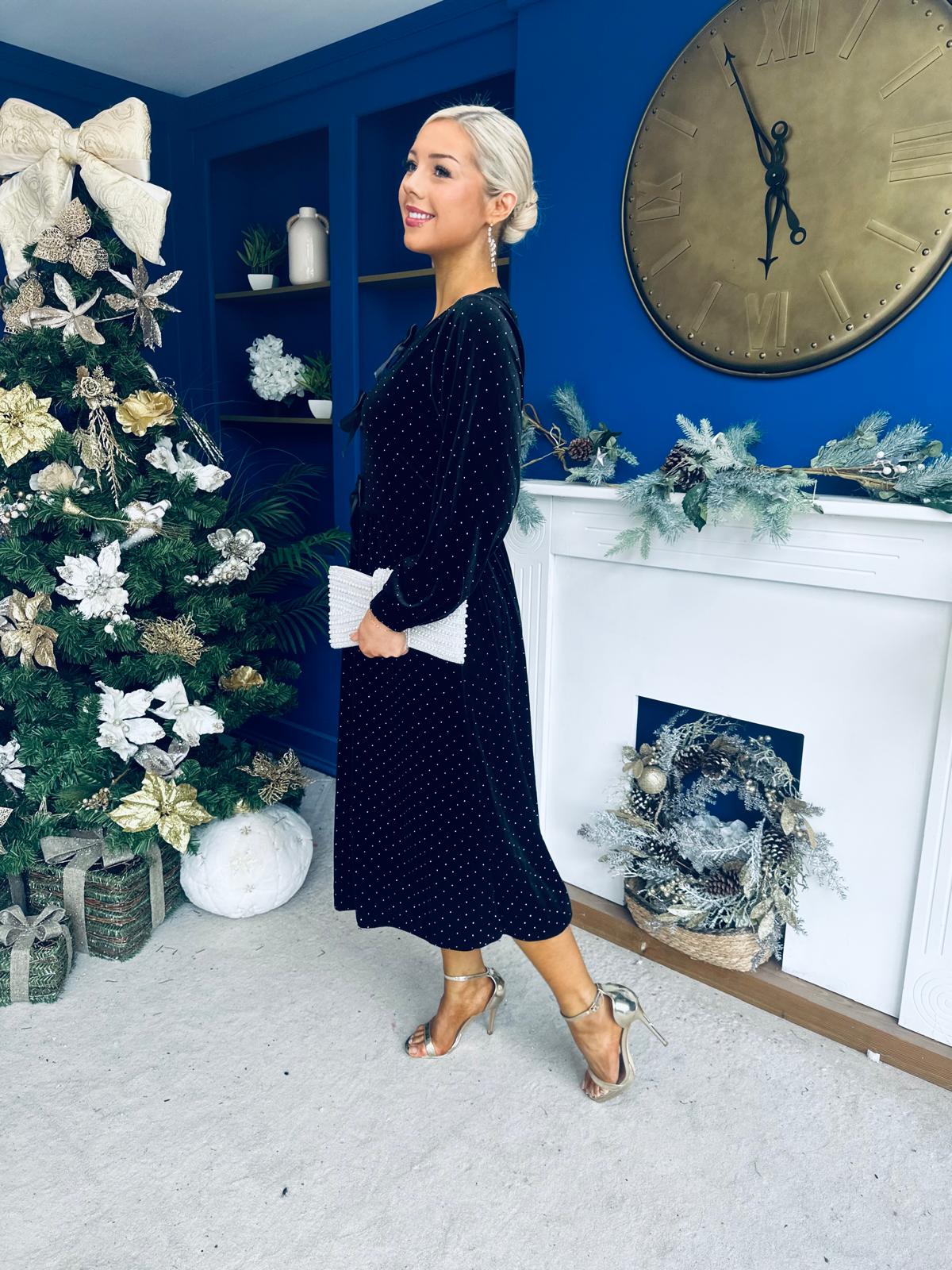 Muireann Bow Detail Studded Velvet Midi Dress Black