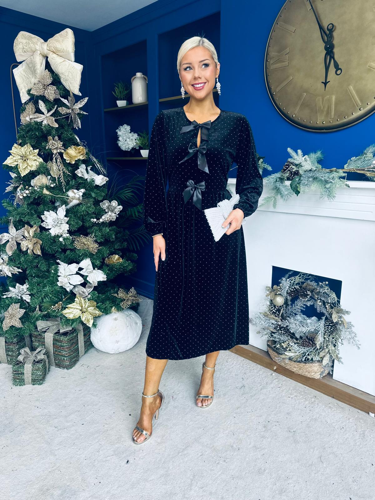 Muireann Bow Detail Studded Velvet Midi Dress Black