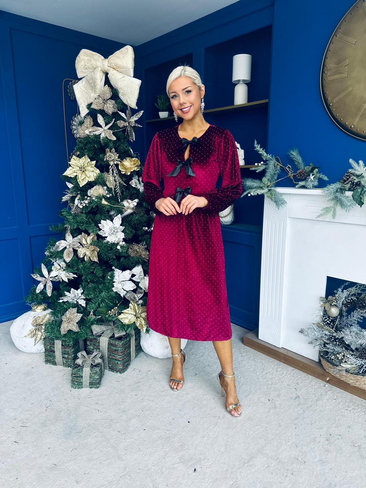 Muireann Bow Detail Studded Velvet Midi Dress Wine