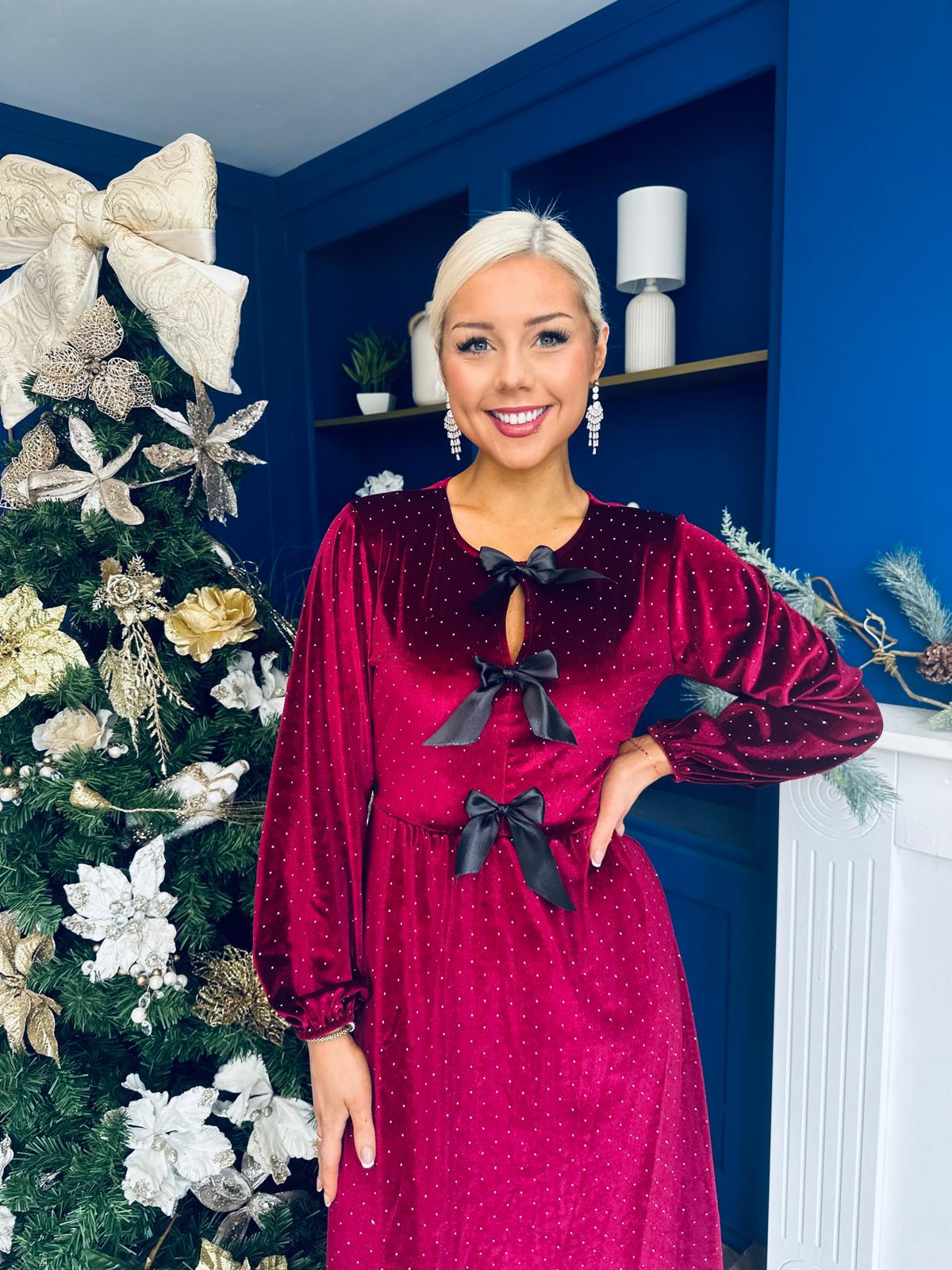 Muireann Bow Detail Studded Velvet Midi Dress Wine