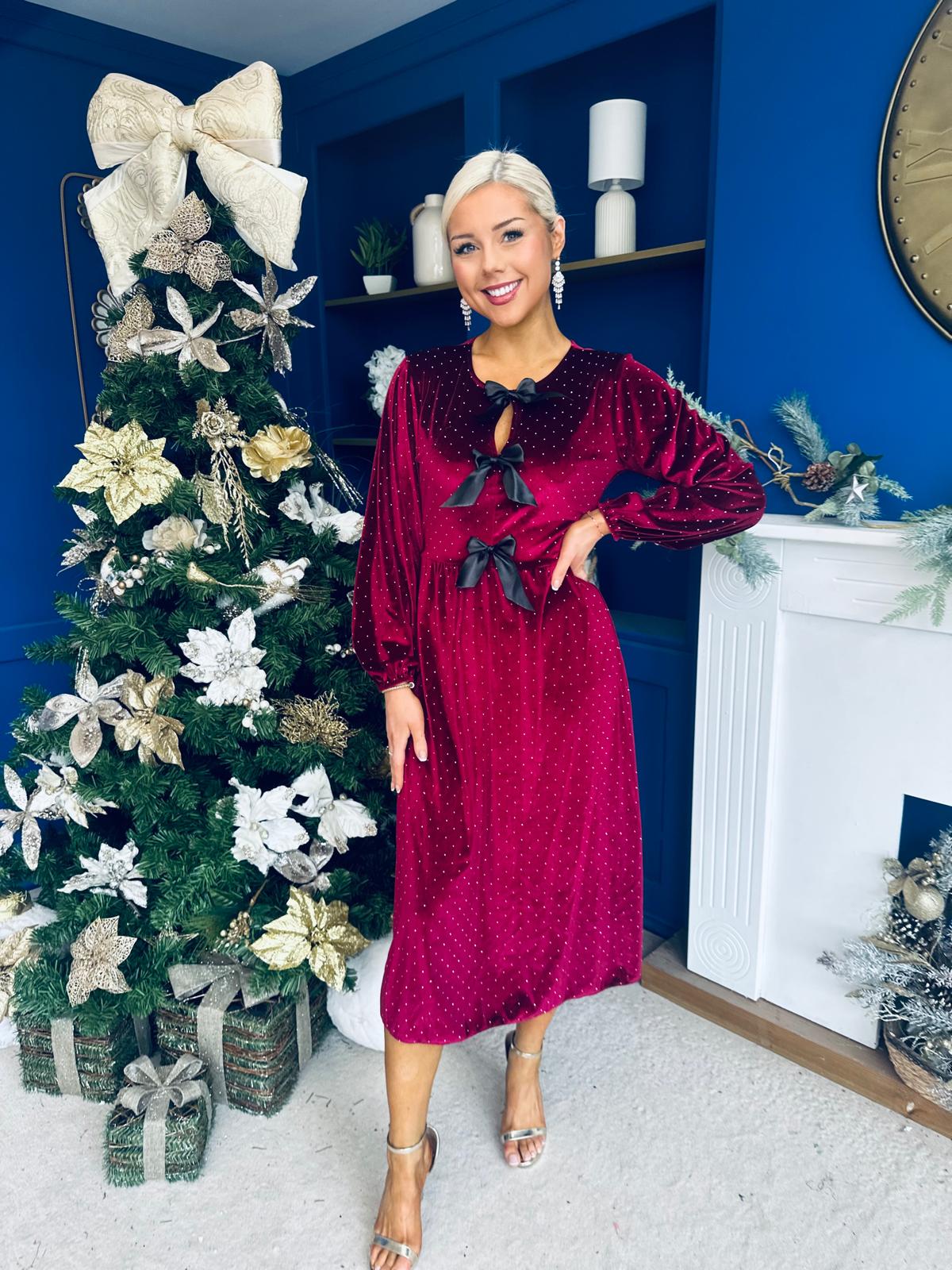 Muireann Bow Detail Studded Velvet Midi Dress Wine