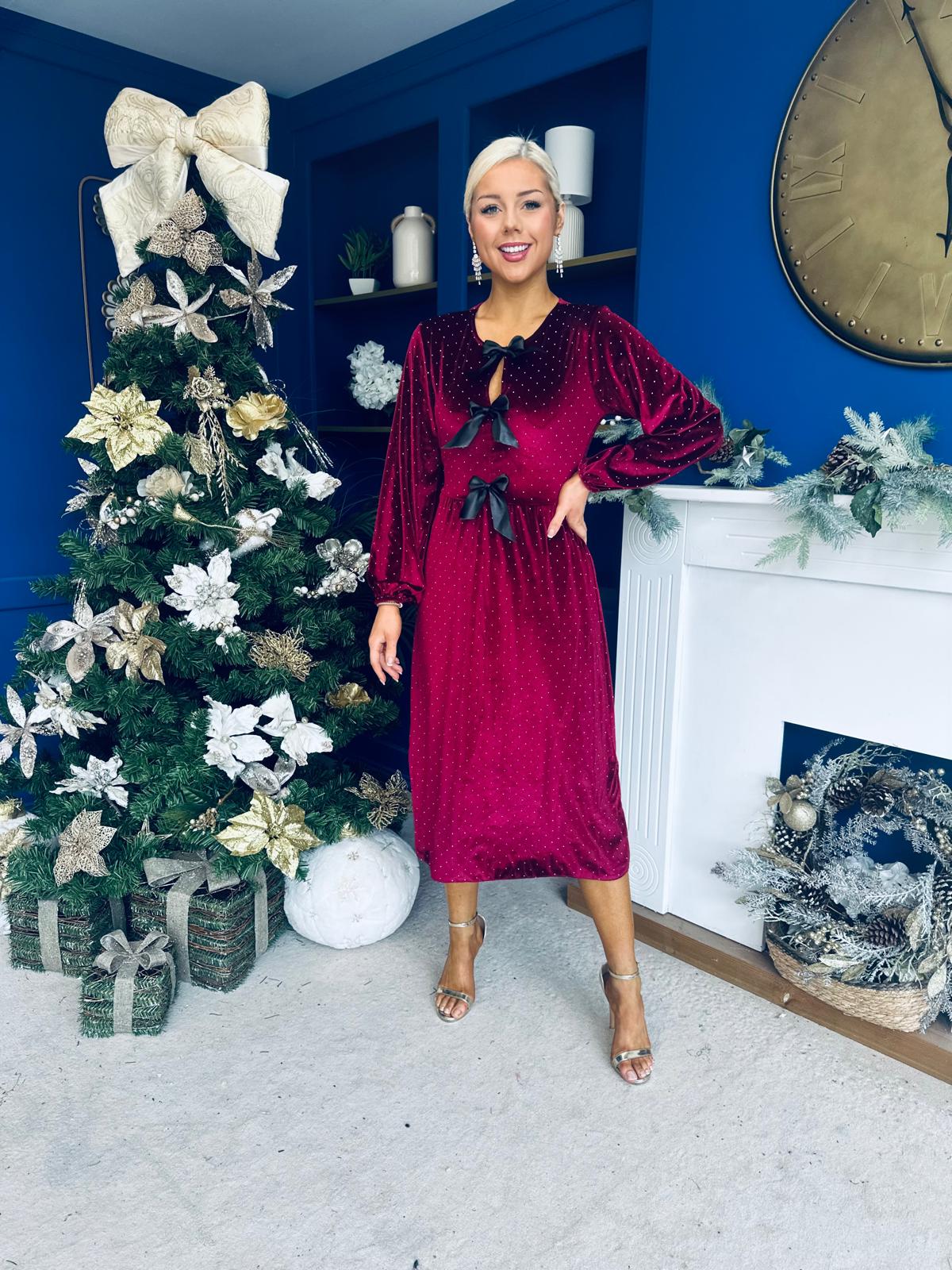 Muireann Bow Detail Studded Velvet Midi Dress Wine