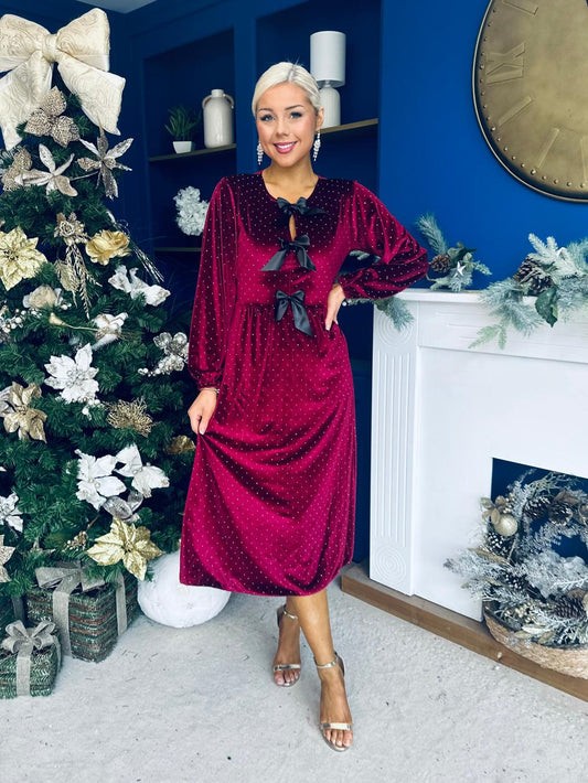 Muireann Bow Detail Studded Velvet Midi Dress Wine