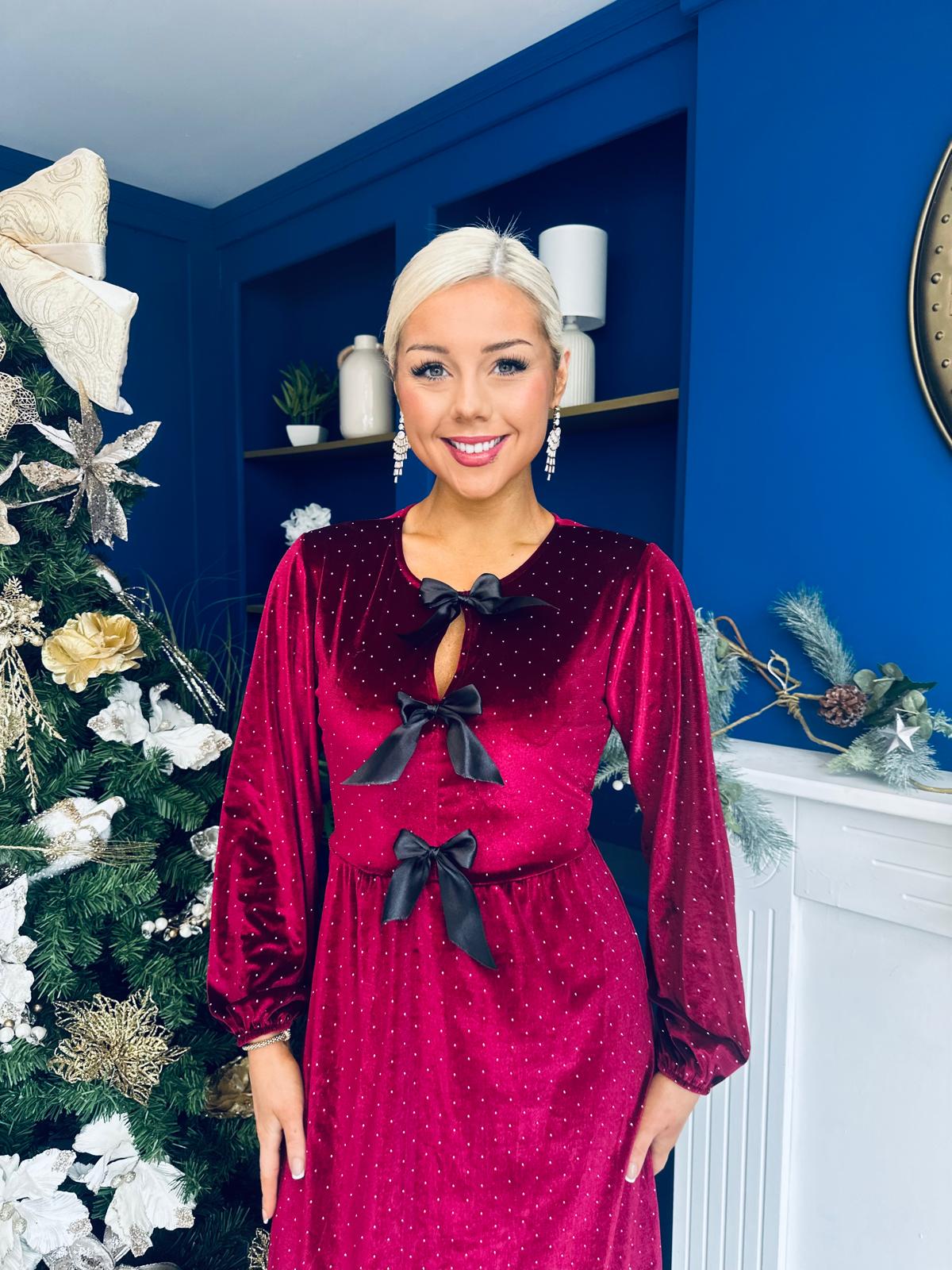 Muireann Bow Detail Studded Velvet Midi Dress Wine