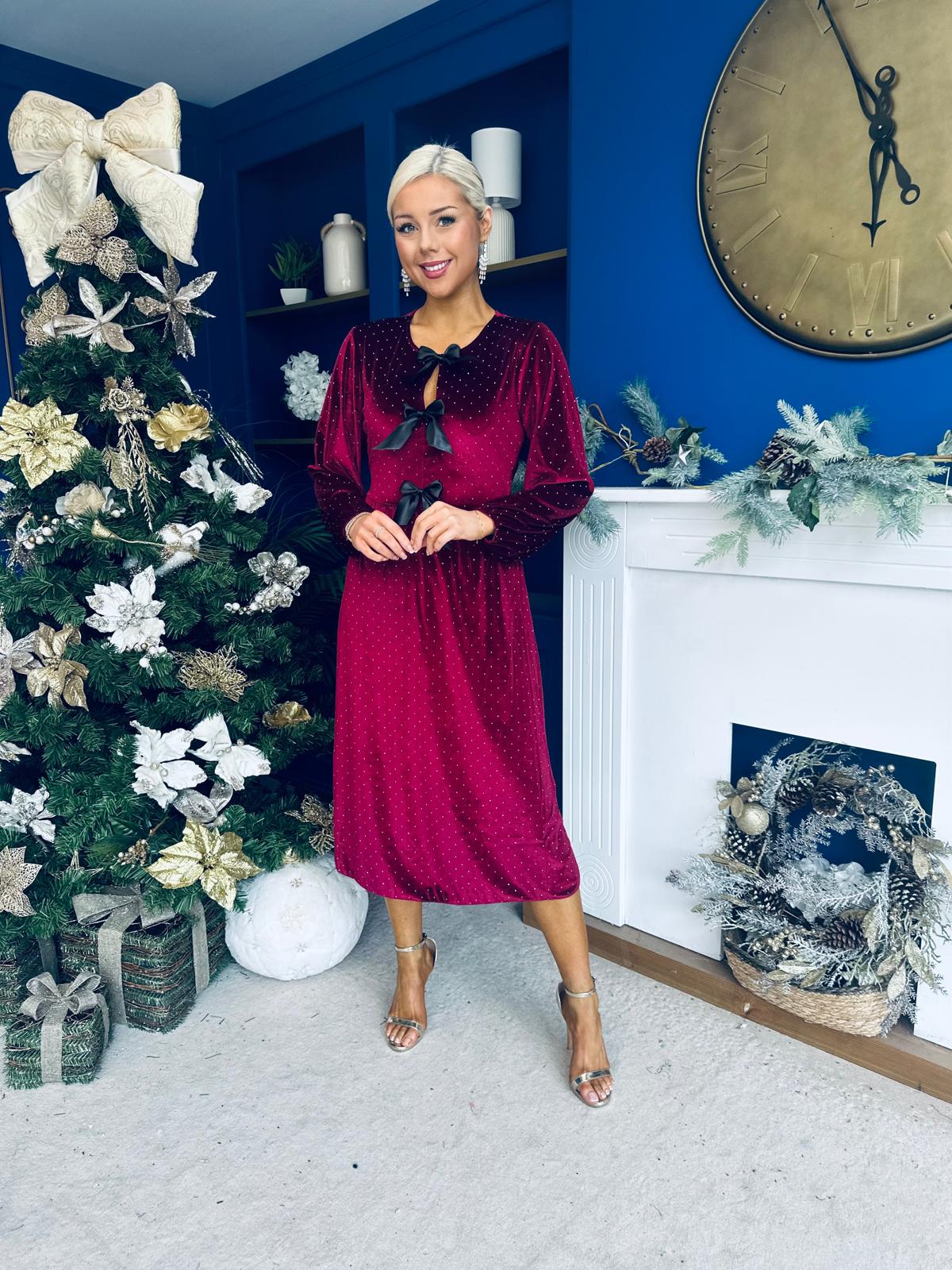 Muireann Bow Detail Studded Velvet Midi Dress Wine