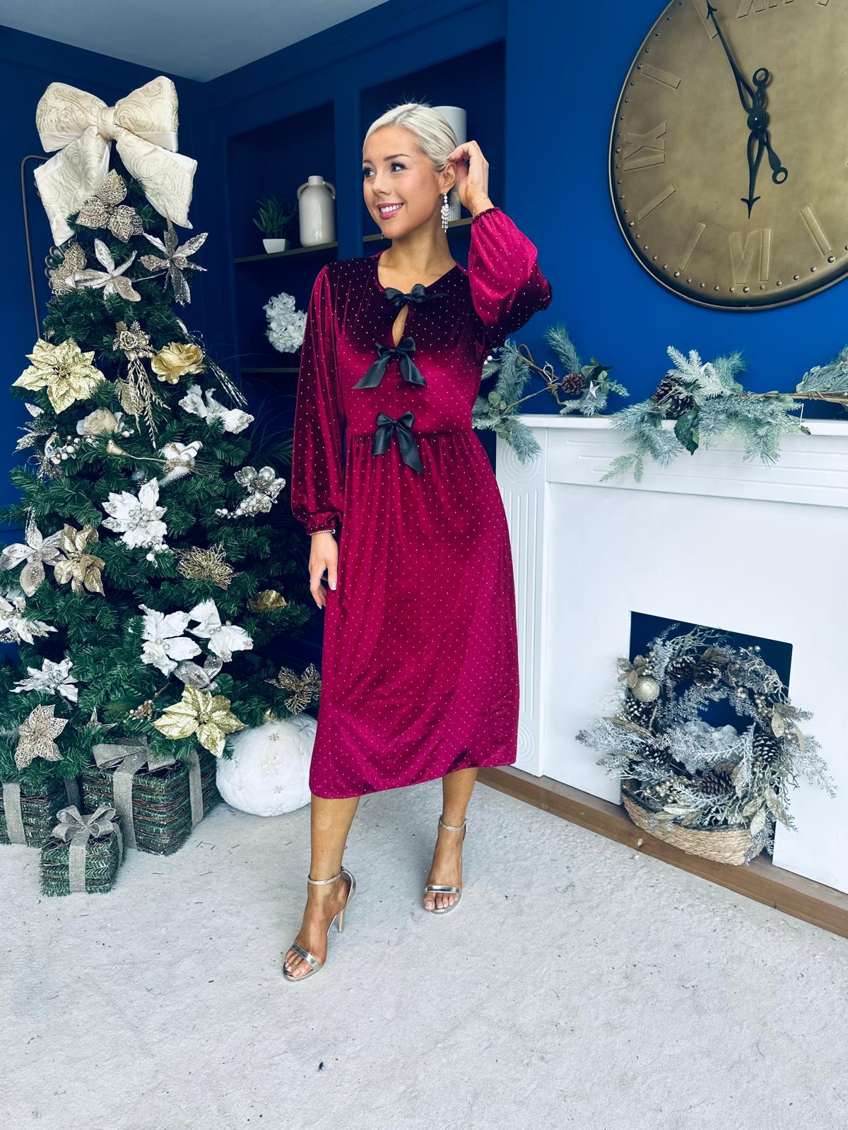 Muireann Bow Detail Studded Velvet Midi Dress Wine