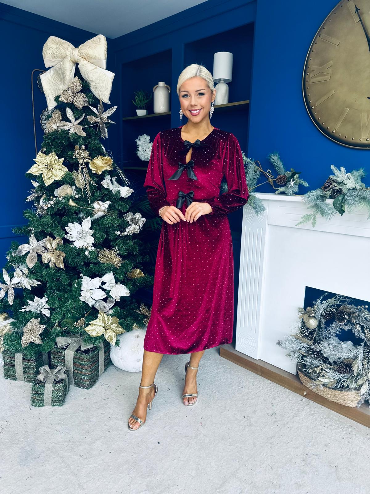 Muireann Bow Detail Studded Velvet Midi Dress Wine