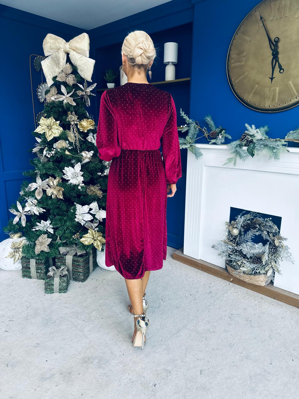 Muireann Bow Detail Studded Velvet Midi Dress Wine