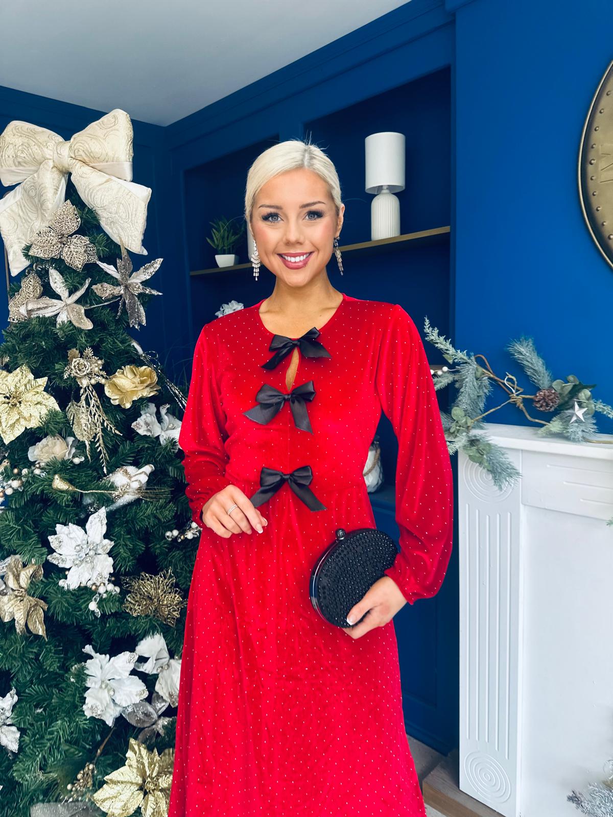 Muireann Bow Detail Studded Velvet Midi Dress Red