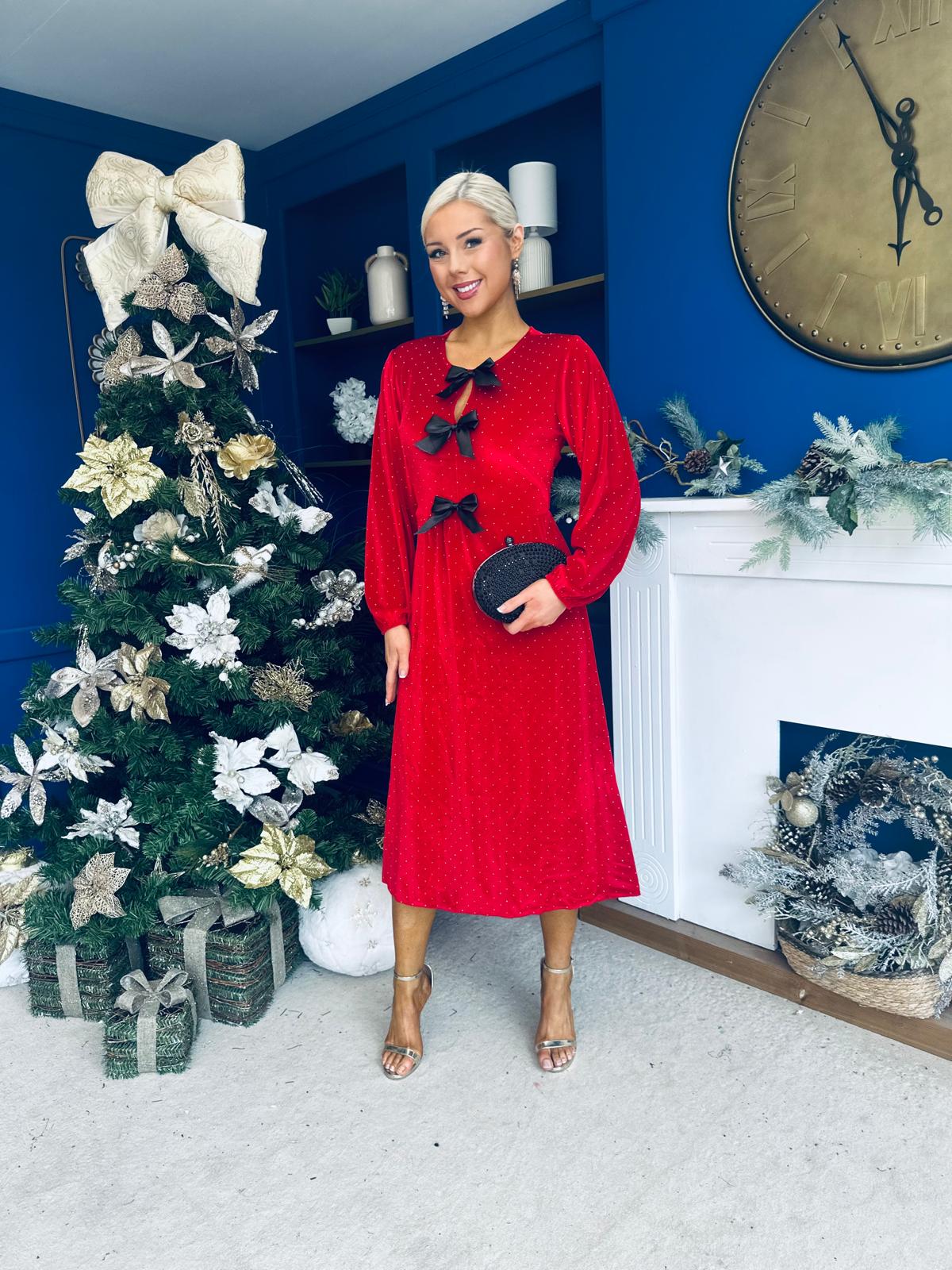 Muireann Bow Detail Studded Velvet Midi Dress Red