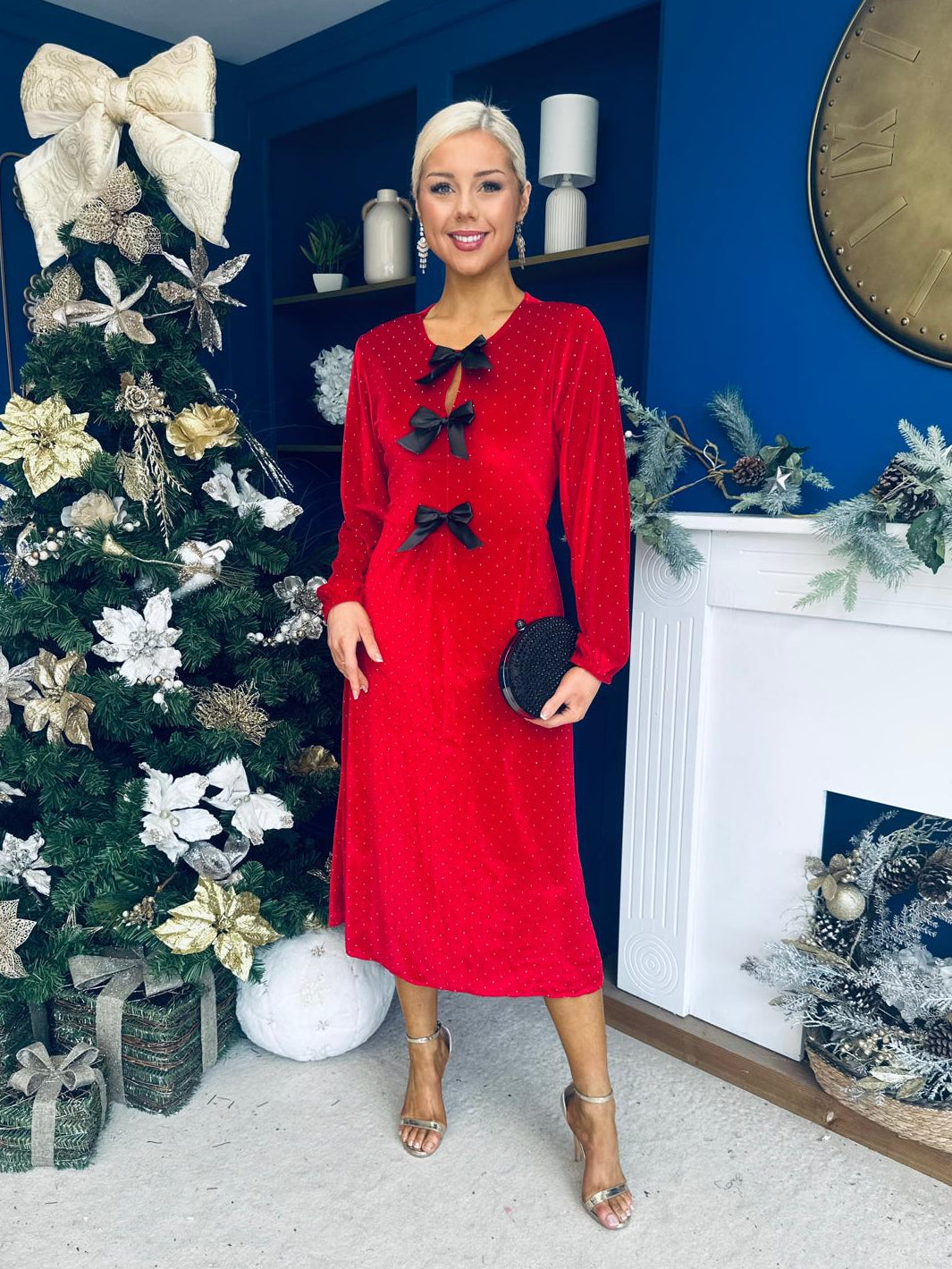 Muireann Bow Detail Studded Velvet Midi Dress Red