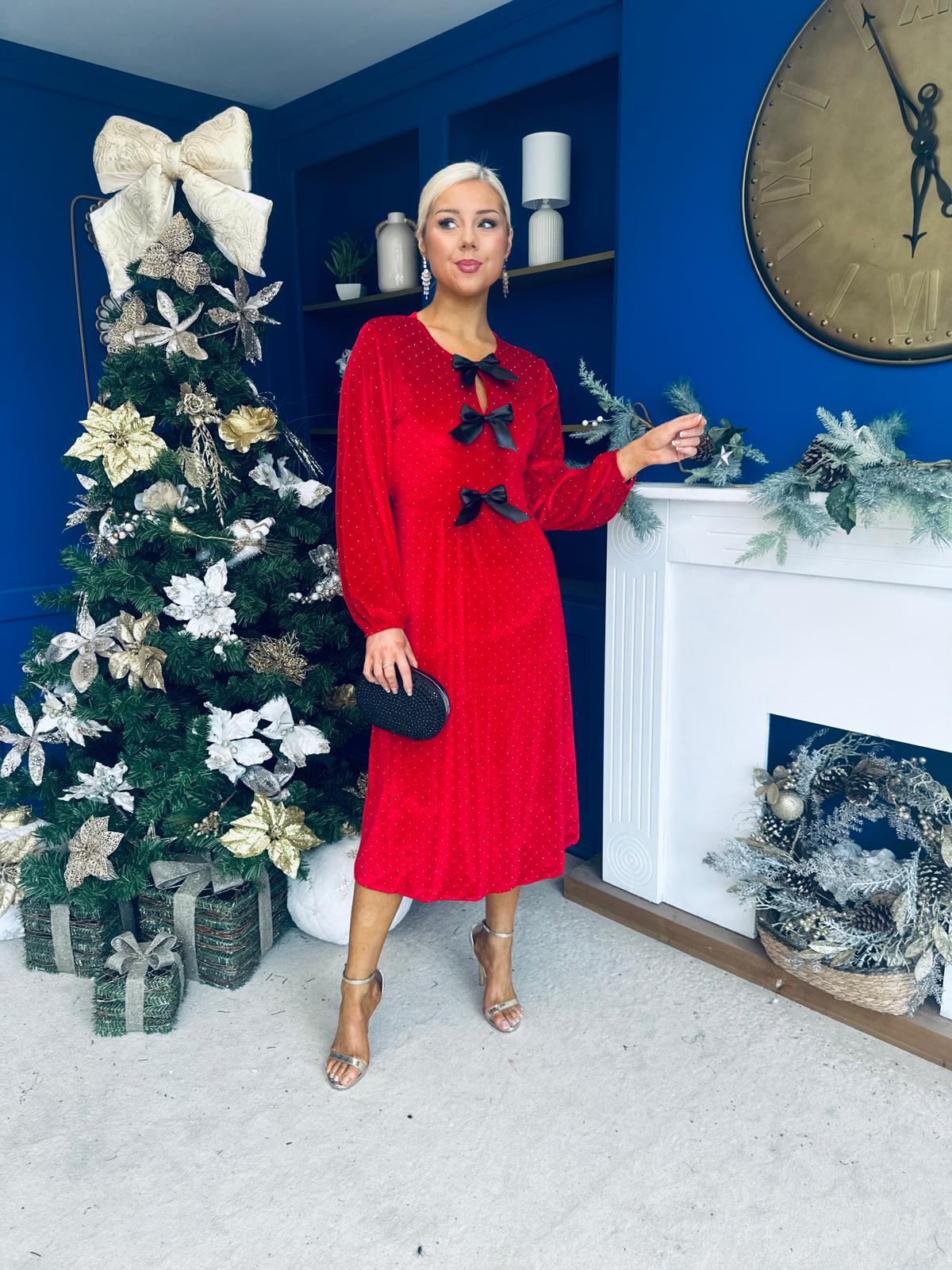 Muireann Bow Detail Studded Velvet Midi Dress Red