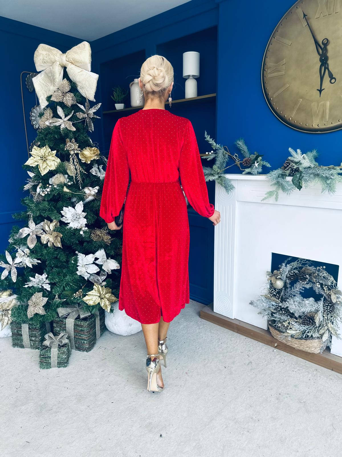 Muireann Bow Detail Studded Velvet Midi Dress Red