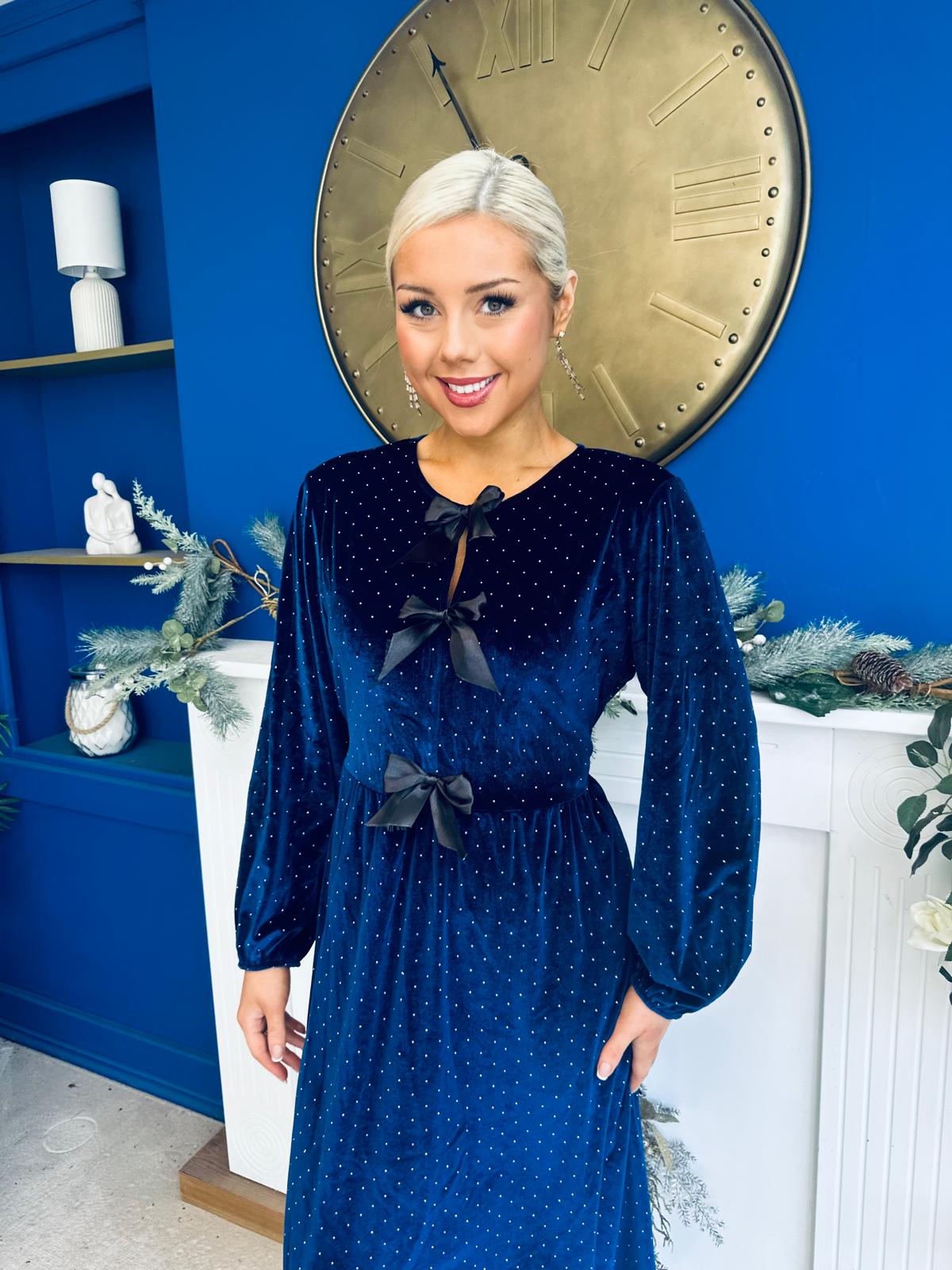 Muireann Bow Detail Studded Velvet Midi Dress Navy
