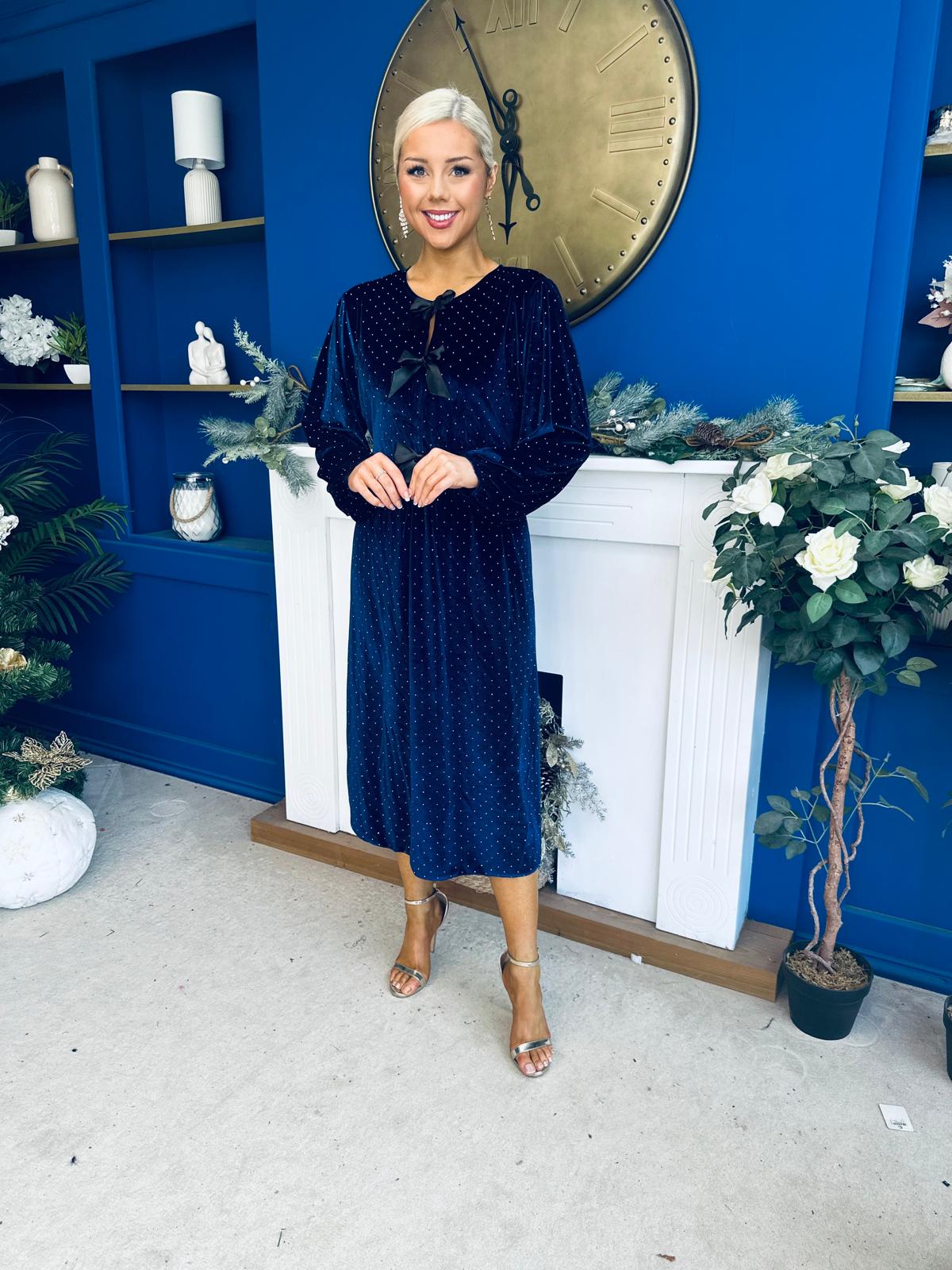 Muireann Bow Detail Studded Velvet Midi Dress Navy